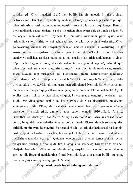 siyasi (fiba) tashkil etilishi bilan sodir bo‘ldi, bu sportni global standartga keltirdi. ikkinchi jahon urushidan keyin, 1940-1950-yillarda, basketbol yevropa va osiyoda ommalashdi: filippinda 71% aholining qiziqishi, xitoyda 300 million o‘yinchi. nba yulduzlarining ta’siri – masalan, maykl jordan – global madaniyatga ta’sir qildi. bugungi kunda 450 milliondan ortiq odam o‘ynaydi, va fiba jahon chempionati 3,3 milliard tomoshabinni jalb qiladi.tahlilda, ommalashuvning kaliti – soddaligi va iqtisodiy jihatdan arzonligi: bir to‘p va savat yetarli. u ijtimoiy o‘zgarishlarni aks ettiradi – kolonializm davrida madaniy almashinuv vositasi, hozirgi kunda globalizatsiya ramzi. bu jarayon sportni nafaqat raqobat, balki ijtimoiy integratsiya vositasiga aylantirdi. olimpiya o‘yinlarida basketbolning paydo bo‘lishi basketbol olimpiya o‘yinlarida 1904-yilda demonstratsiya sifatida namoyish etildi, ammo rasmiy medal sporti 1936-yil berlinda bo‘ldi. erkaklar turnirida aqsh oltin medal oldi, bu uning dominantligini ko‘rsatdi. ayollar basketbol 1976-yilda monrealda debyut qildi. 1992-yildan nba o‘yinchilari ishtirok etishi mumkin bo‘ldi, “orzu jamoasi” tufayli mashhurlashdi.aqsh 17 oltin medal bilan yetakchi, ammo 1972 …