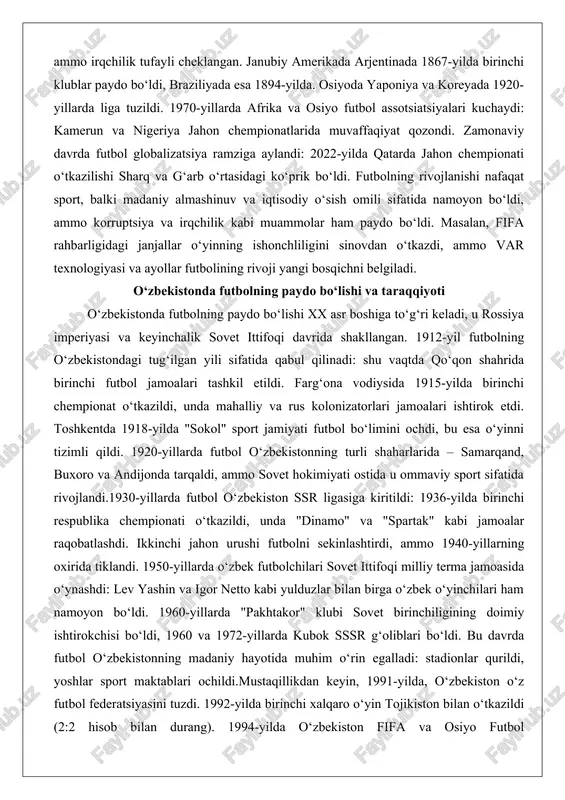 yangi bosqichni belgiladi. o‘zbekistonda futbolning paydo bo‘lishi va taraqqiyoti o‘zbekistonda futbolning paydo bo‘lishi xx asr boshiga to‘g‘ri keladi, u rossiya imperiyasi va keyinchalik sovet ittifoqi davrida shakllangan. 1912-yil futbolning o‘zbekistondagi tug‘ilgan yili sifatida qabul qilinadi: shu vaqtda qo‘qon shahrida birinchi futbol jamoalari tashkil etildi. farg‘ona vodiysida 1915-yilda birinchi chempionat o‘tkazildi, unda mahalliy va rus kolonizatorlari jamoalari ishtirok etdi. toshkentda 1918-yilda "sokol" sport jamiyati futbol bo‘limini ochdi, bu esa o‘yinni tizimli qildi. 1920-yillarda futbol o‘zbekistonning turli shaharlarida – samarqand, buxoro va andijonda tarqaldi, ammo sovet hokimiyati ostida u ommaviy sport sifatida rivojlandi.1930-yillarda futbol o‘zbekiston ssr ligasiga kiritildi: 1936-yilda birinchi respublika chempionati o‘tkazildi, unda "dinamo" va "spartak" kabi jamoalar raqobatlashdi. ikkinchi jahon urushi futbolni sekinlashtirdi, ammo 1940-yillarning oxirida tiklandi. 1950-yillarda o‘zbek futbolchilari sovet ittifoqi milliy terma jamoasida o‘ynashdi: lev yashin va igor netto kabi yulduzlar bilan birga o‘zbek o‘yinchilari ham namoyon bo‘ldi. 1960-yillarda "pakhtakor" klubi sovet birinchiligining doimiy ishtirokchisi bo‘ldi, 1960 va …