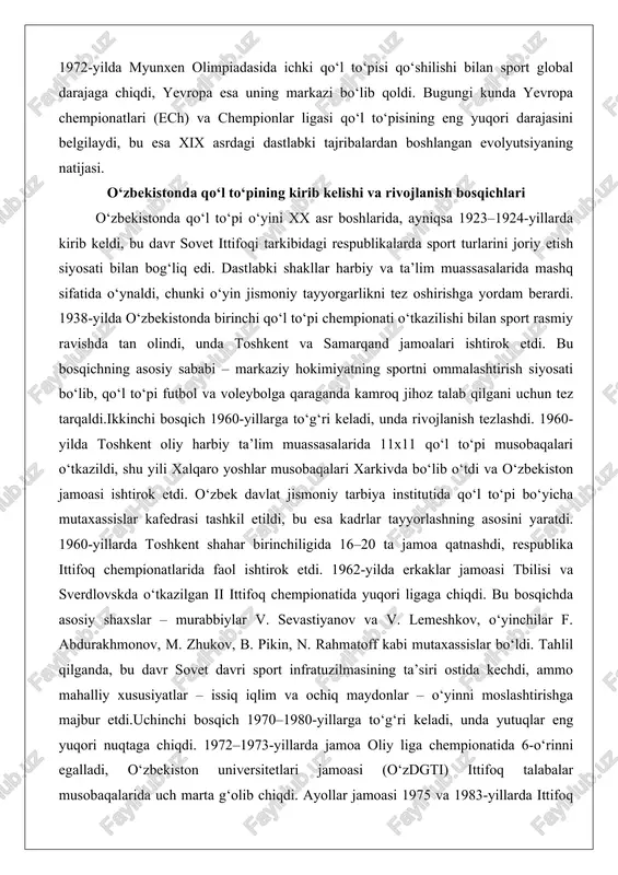 siyosati bilan bog‘liq edi. dastlabki shakllar harbiy va ta’lim muassasalarida mashq sifatida o‘ynaldi, chunki o‘yin jismoniy tayyorgarlikni tez oshirishga yordam berardi. 1938-yilda o‘zbekistonda birinchi qo‘l to‘pi chempionati o‘tkazilishi bilan sport rasmiy ravishda tan olindi, unda toshkent va samarqand jamoalari ishtirok etdi. bu bosqichning asosiy sababi – markaziy hokimiyatning sportni ommalashtirish siyosati bo‘lib, qo‘l to‘pi futbol va voleybolga qaraganda kamroq jihoz talab qilgani uchun tez tarqaldi.ikkinchi bosqich 1960-yillarga to‘g‘ri keladi, unda rivojlanish tezlashdi. 1960-yilda toshkent oliy harbiy ta’lim muassasalarida 11x11 qo‘l to‘pi musobaqalari o‘tkazildi, shu yili xalqaro yoshlar musobaqalari xarkivda bo‘lib o‘tdi va o‘zbekiston jamoasi ishtirok etdi. o‘zbek davlat jismoniy tarbiya institutida qo‘l to‘pi bo‘yicha mutaxassislar kafedrasi tashkil etildi, bu esa kadrlar tayyorlashning asosini yaratdi. 1960-yillarda toshkent shahar birinchiligida 16–20 ta jamoa qatnashdi, respublika ittifoq chempionatlarida faol ishtirok etdi. 1962-yilda erkaklar jamoasi tbilisi va sverdlovskda o‘tkazilgan ii ittifoq chempionatida yuqori ligaga chiqdi. bu bosqichda asosiy shaxslar – murabbiylar v. sevastiyanov va …