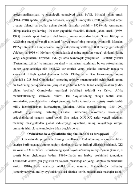 rida sport faoliyati cheklangan, ammo urushdan keyin sovet ittifoqi va aqshning raqobati yengil atletikani "sovuq urush"ning ramziga aylantirdi. masalan, 1952-yil xelsinki olimpiadasida emiliy zatopekning 5000 va 10000 metr yugurishlarda g'alabasi va 1956-yil melburn olimpiadasidagi uning marafon yutug'i chidamlilikning yangi chegaralarini ko'rsatdi. 1960-yillarda texnologik yangiliklar – sintetik yuzalar (tartanning ixtirosi) va maxsus poyabzal – natijalarni yaxshiladi, bu esa rekordlarning tez-tez yangilanishiga olib keldi.xx asr oxirida yengil atletika ommaviy media va sponsorlik tufayli global fenomen bo'ldi. 1980-yillarda ben johnsonning doping skandali (1988 seul olimpiadasi) sportning axloqiy muammolarini ochib berdi, ammo bu iaafning qattiq qoidalarni joriy etishiga turtki bo'ldi. jahon chempionatlari (1983-yildan boshlab) olimpiyalar orasidagi bo'shliqni to'ldirdi va osiyo, afrika mamlakatlarining ishtirokini oshirdi. bu rivojlanishning chuqur tahlili shuni ko'rsatadiki, yengil atletika nafaqat jismoniy, balki iqtisodiy va siyosiy vosita bo'lib, milliy identifikatsiyani kuchaytirgan. masalan, afrika sportchilarining 1980–1990-yillarda yugurishdagi ustunligi (xabte girmening rekordlari) kolonializm ortiqchaliklarini yengish ramzi bo'ldi. shu tariqa, xix–xx asrlar yengil atletikani mahalliy …