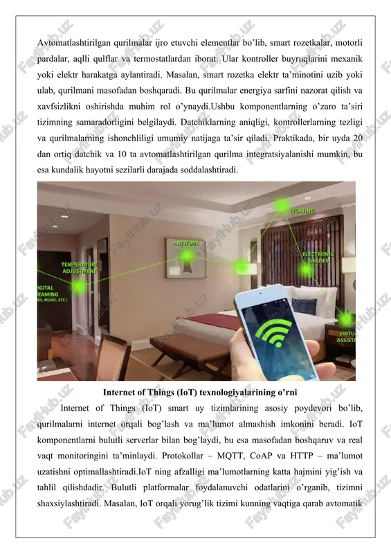 t bildirishnomalar yuboradi.iot integratsiyasi energiya sarfini kamaytirishga yordam beradi. qurilmalar o’zaro muloqot qilib, keraksiz sarfni oldini oladi. praktik misol: iot termostati foydalanuvchi uyda bo’lmaganda haroratni pasaytiradi, bu esa yillik energiya sarfini 15-20 foizga qisqartiradi. biroq, iot xavfsizlik masalalarini ham keltirib chiqaradi: shifrlash va autentifikatsiya zarur.umuman, iot smart uyni oddiy avtomatlashtirishdan aqlli ekotizimga aylantiradi, bu esa qulaylik, samaradorlik va xavfsizlikni oshiradi. mobil ilovalar orqali boshqaruv imkoniyatlari mobil ilovalar smart uy tizimining foydalanuvchi interfeysi bo’lib, masofadan boshqaruvni ta’minlaydi. ular android va ios platformalarida ishlaydi va wi-fi yoki uyali aloqa orqali ulanadi. ilovalar orqali yorug’likni yoqish/o’chirish, haroratni sozlash va xavfsizlik kameralarini ko’rish mumkin. ilovalar grafik interfeys, ovozli buyruqlar va avtomatlashtirish stsenariylarini taklif etadi. masalan, “uyga qaytish” stsenariysi chiroqlarni yoqadi, eshikni ochadi va haroratni oshiradi. push-bildirishnomalar real vaqt ma’lumotlarini yetkazadi: gaz oqishi haqida ogohlantirish.integratsiya google home, amazon alexa yoki apple homekit bilan amalga oshiriladi. bu ovozli boshqaruvni qo’shadi: “chiroqlarni o’chiring” buyruqi bilan butun uy …