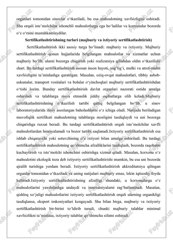 qlik sertifikati mahsulotning talablarga mosligini tasdiqlaydi va uni bozorga chiqarishga ruxsat beradi. bu turdagi sertifikatlashtirish orqali iste’molchilar xavfli mahsulotlardan himoyalanadi va bozor tartibi saqlanadi.ixtiyoriy sertifikatlashtirish esa ishlab chiqaruvchi yoki sotuvchining o‘z ixtiyori bilan amalga oshiriladi. bu turdagi sertifikatlashtirish mahsulotning qo‘shimcha afzalliklarini tasdiqlash, bozorda raqobatni kuchaytirish va iste’molchi ishonchini oshirishga xizmat qiladi. masalan, korxona o‘z mahsulotini ekologik toza deb ixtiyoriy sertifikatlashtirishi mumkin, bu esa uni bozorda ajralib turishiga yordam beradi. ixtiyoriy sertifikatlashtirish akkreditatsiya qilingan organlar tomonidan o‘tkaziladi va uning natijalari majburiy emas, lekin iqtisodiy foyda keltiradi.ixtiyoriy sertifikatlashtirishning afzalligi shundaki, u korxonalarga o‘z mahsulotlarini yaxshilashga undaydi va innovatsiyalarni rag‘batlantiradi. masalan, qishloq xo‘jaligi mahsulotlarini ixtiyoriy sertifikatlashtirish orqali ularning organikligi tasdiqlansa, eksport imkoniyatlari kengayadi. shu bilan birga, majburiy va ixtiyoriy sertifikatlashtirish bir-birini to‘ldirib turadi, chunki majburiy talablar minimal xavfsizlikni ta’minlasa, ixtiyoriy talablar qo‘shimcha sifatni oshiradi. mahsulotlar va xizmatlarni sertifikatlashtirishning huquqiy asoslari mahsulotlar va xizmatlarni sertifikatlashtirishning huquqiy asoslari o‘zbekiston respublikasining qonunchilik tizimida mustahkam o‘rin egallaydi. …