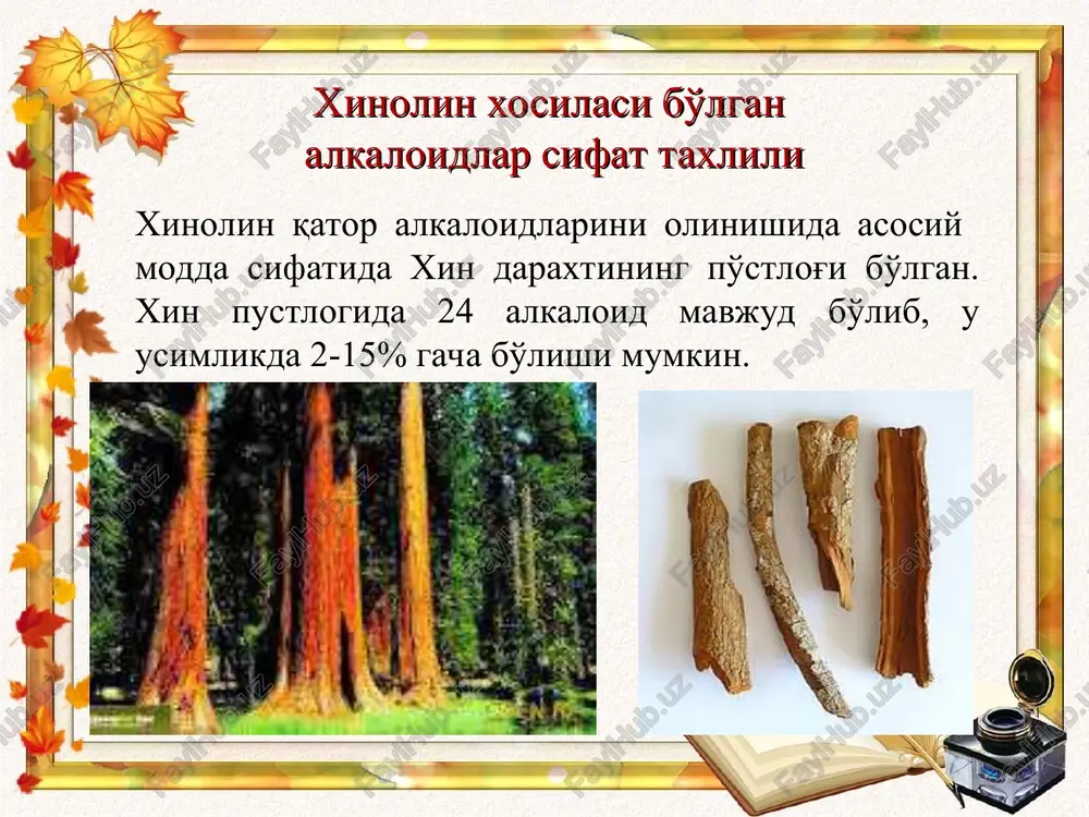 nolin gurux alkaloidlarini olishda boshlangich modda sifatida mak snotvorniy ning sharbati (mlechniy sok) bulgan opiy xisoblanadi. opiy o'z tarkibida – morfin. narkotin, kodein, tebain va boshka kimmatli alkaloidlarni saklaydi. benzilizoxinolin g.d.m. sifat taxlili papaverin opiy tarkibining asosiy alkaloidlaridan biri bo'lib, u miqdoriy jihatdan morfin va narkotin alkaloidlaridan keyingn o'rinda turadi. opiyning tarkibida papaverinning miqdori o'rta hisobda 0,4 dan 1,5 % gacha bo'ladi. papaverin birinchi bulib 1884 yilda merk olimi tomonidan sintez kilingan benzilizoxinolin g.d.m. sifat taxlili benzilizoxinolin g.d.m. sifat taxlili benzilizoxinolin g.d.m. chinligi va mikdori ik-spektroskopiya – xf, yaf va brf ub-spektrofotometriya – xf, yaf va brf alkaloidlarga xos umumiy chuktiruvchi reaktivlar bilan reaktsiya- – xf, yaf, brf, df kimyoviy usullar- – xf, yaf, brf, df papaverin gidroxloridning ik-spektri ub spektrofotometriya ub spektrofotometriya kimyoviy usullar alkaloidlarga xos umumiy cho'ktiruvchi reaktivlar bilan reaktsiya: pikrin kislotasi dragendorf reaktivi yod eritmasi 2. alkaloidlarga xos maxsus reaktivlar – konts.nitrat kislota bilan reaktsiya – rangli …