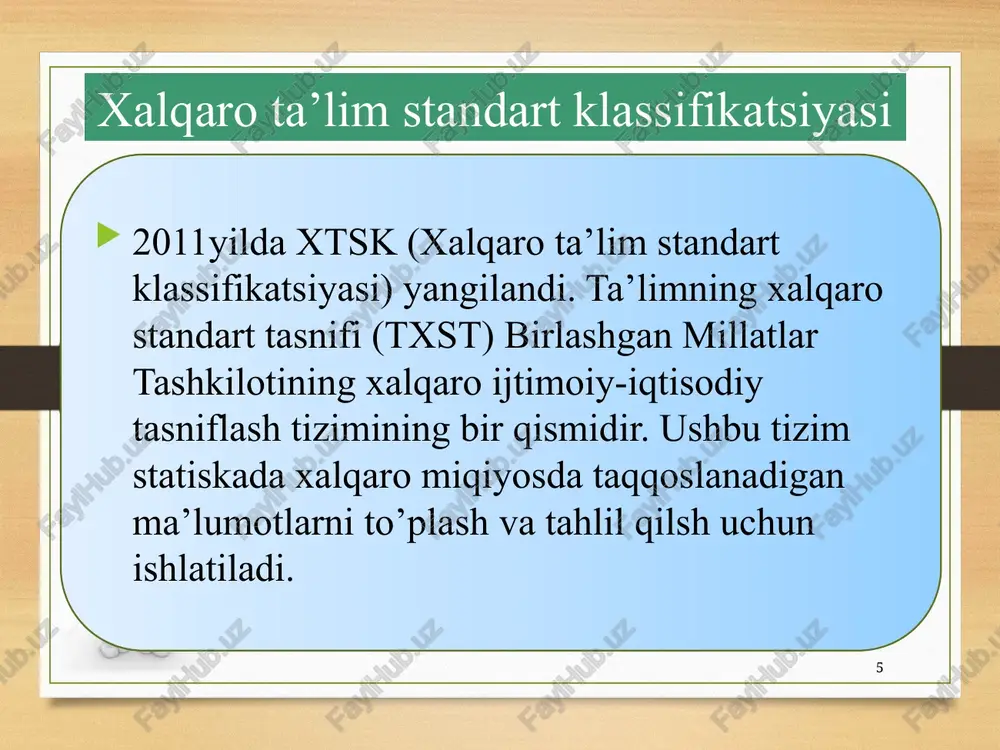 b; yuqori maktab mamlakatda quyidagi litsey turlari mavjud: artistik; san’at litseylari; klassik; pedagogik; musiqiy; mamlakat oliy ta’lim muassasalari uch xil toifadagi diplomlar beradi: bakalavr diplomi; magistr; fan doktori. 14 iqtisodiy rivojlangan davlatlar ta’lim tizimi xitoyda ta’lim tizimi xitoyda ta’lim tizimining tuzilishi: maktabgacha ta’lim 3 yoshdan boshlanadi; boshlang’ich ta’lim; yuqori sinf ta’limi; o’rta maxsus, kasb-hunar kollejlar; oliy ta’lim; oliy ta’limdan keyingi ta’lim. xitoyda birinchi sinfga kirish testi: engil avtomashinaning to’xtov joyining raqami necha? fakultetlar. har yili taxminan 3600 talaba tahsil oladi. muassasa 6 ixtisoslashtirilgan departament orqali barpo etilgan: kommunikatsiya dizayn kolleji landshaft va sanoat dizayn kolleji modalar dizayn kolleji tasviriy san’at kolleji rakamli mass-media kolleji multimedia va kinematografiya kolleji. ta’lim modellari. xx asr jahon ta’lim tizimidagi global tendentsiyalar amerika modeli: kichik o’rta maktab → o’rta maktab → katta o’rta maktab → 2 yillik kollej → universitet tizimidagi 4 yillik kollej → magistratura → doktorantura. fransiya modeli: onalar maktabi → o’rta maktab …