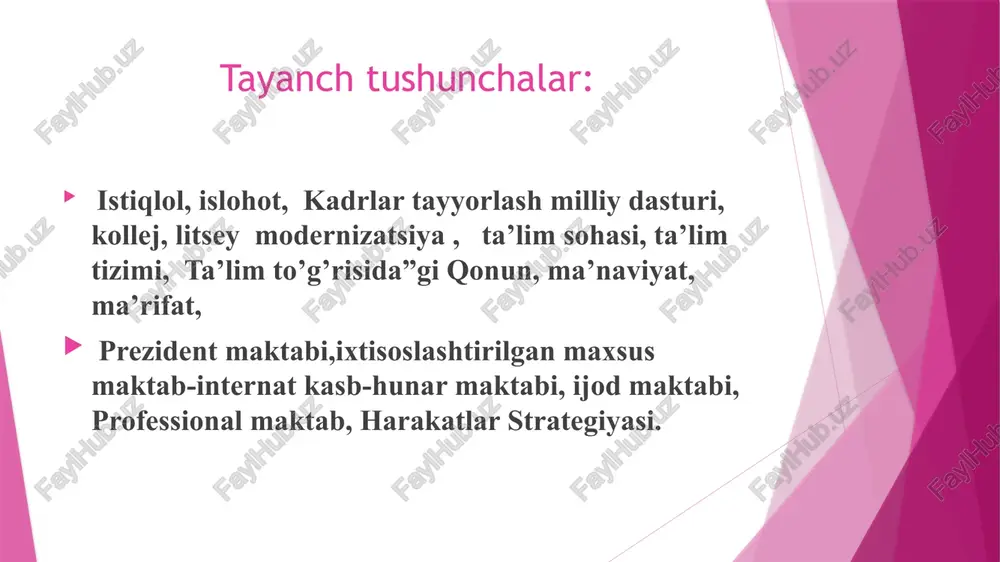 90 tadan oshiq universitet va institutlar va ularda 350 mingdan ziyod talaba ta’lim olmoqda. kadrlar yetishmovchiligini hisobga olgan holda sirtqi,kechki, maxsus sitqi ta’lim shakllari ochildi. “ta’lim to’g’risida”gi qonun o’zbekistonda ham ta’lim islohotlarining qadriyatlari yo’nalishlari qaror topib bormoqda. o’zbekiston respublikasi konstitutsiyasining 41-moddasida “har kim bilim olish huquqiga ega. bepul umumiy ta’lim olish davlat tomonidan kafolatlanadi. maktab ishlari davlat nazoratidadir”, deb belgilab qo’yilgan. 42-moddasida esa, “har kimga ilmiy va texnikaviy ijod erkinligi, madaniyat yutuqlaridan foydalanish huquqi kafolatlanishi; davlat jamiyatning madaniy, ilmiy, texnikaviy rivojlanishiga g’amxo’rlik qilishi” ko’rsatilgan. bilim olish huquqi o’zbekiston respublikasining “ta’lim to’g’risida”gi qonunining 4-moddasida bilim olish huquqi qadriyat sifatida quyidagicha ko’rsatib qo’yilgan: “jinsi, tili, yoshi, irqiy, milliy mansubligi, e’tiqodi, dinga munosabati, ijtimoiy kelib chiqishi, xizmat turi, turar joyi, o’zbekiston respublikasi hududida qancha yashaganidan qat’i nazar, har kimga bilim olishda teng huquqlar kafolatlanadi”. kadrlar tayyorlash milliy dasturi kadrlar tayyorlash milliy dasturining maqsadi – ta’lim sohasini tubdan isloh qilish, uni o’tmishdan qolgan mafkuraviy …