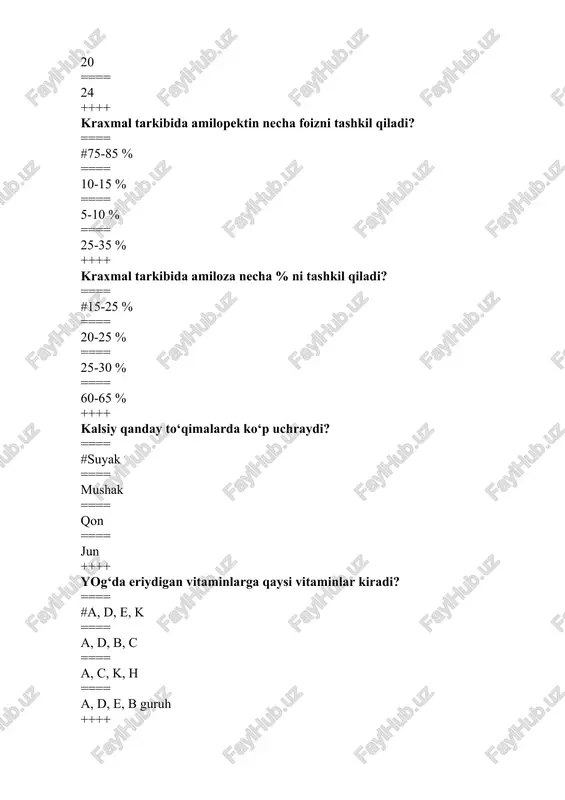 di? ==== #4-12 % ==== 8-10 % ==== 6-8 % ==== 4-8 % ++++ agar ratsionning 1 kg quruq moddasida qancha mg dan kam mis bo‘lganda mis tuzlaridan foydalaniladi? ==== #2 mg ==== 3 mg ==== 4 mg ==== 5 mg ++++ organizmda temir elementining necha % oqsil tarkibida bo‘ladi? #90 % dan ko‘prog‘i ==== 50-60 % ==== 60-70 % ==== 40-50 % ++++ ozuqaning boshlang‘ich namligi necha gradusda aniqlanadi? ==== #60-650c ==== 55-600c ==== 50-550c ==== 45-500c ++++ 1 gr lignin oksidlansa qancha energiya ajralib chiqadi? #energiya bermaydi ==== 3,2 kj ==== 4,0 kj ==== 4,5 kj ++++ katta yoshli novvos organizmida 1 kg kartoshka kraxmalining yog‘ hosil qilish qobiliyati qancha? ==== #248 g ==== 225 g ==== 200 g ==== 190 g ++++ qoramollarda 1 gr yog‘ organizmda oksidlanganda qancha kj energiya beradi? ==== #38 kj ==== 36 kj ==== 35 kj ==== 30 kj ++++ qoramollar me’da …
