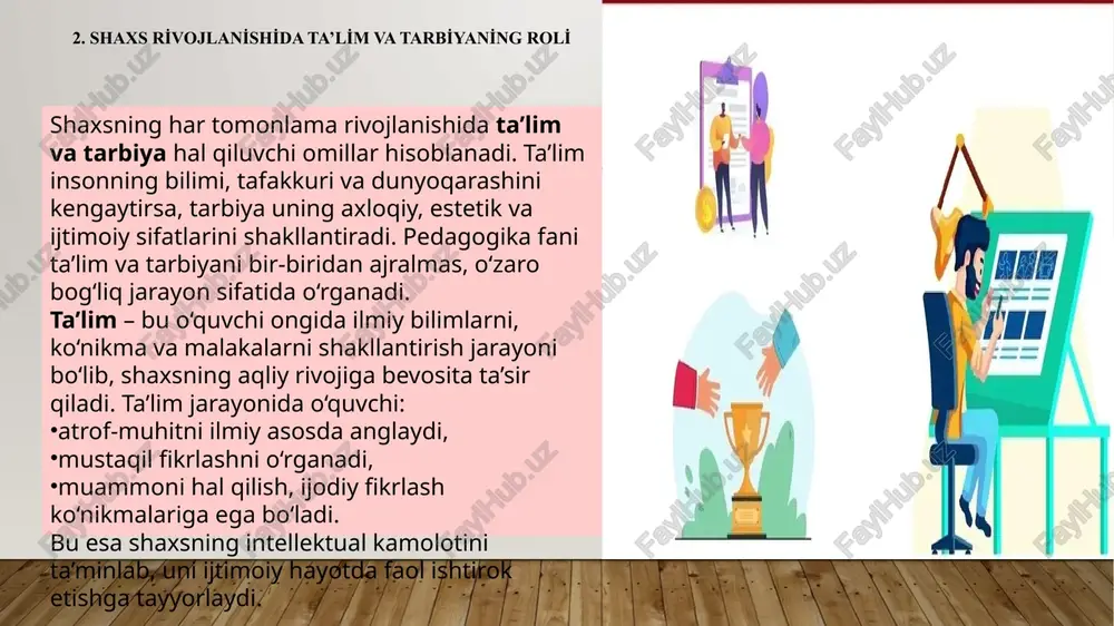 niyati va uni rivojlantirish yo‘llari o‘qituvchining nutq madaniyati va etik me’yorlarga rioya etish. zamonaviy texnologiyalar asosida interaktiv muloqotni tashkil etish. xulosa kirish ta’lim-tarbiya jarayonida muloqot o‘qituvchi va o‘quvchi o‘rtasidagi o‘zaro aloqaning eng muhim vositasidir. muloqot orqali bilim, ko‘nikma va malakalar uzatiladi, shaxsning fikrlash, idrok etish va o‘zini ifoda etish qobiliyatlari shakllanadi. pedagogik muloqot nafaqat o‘qitishning samaradorligini oshiradi, balki o‘quvchilarda ijobiy ruhiy holat, o‘zaro hurmat, jamoaviylik va mas’uliyat tuyg‘ularini rivojlantiradi. zamonaviy ta’lim tizimida o‘qituvchi faqat bilim beruvchi emas, balki muloqot orqali o‘quvchining ichki dunyosini anglaydigan, uni rag‘batlantiradigan va qo‘llab-quvvatlaydigan shaxs sifatida qaraladi. shu sababli pedagogik muloqot madaniyati, uning usullari va bosqichlarini o‘rganish pedagogika fanining muhim yo‘nalishlaridan biridir. 1. muloqot tushunchasi va uning pedagogik ahamiyati muloqot — bu insonlar o‘rtasidagi fikr, his-tuyg‘u, g‘oya va tajribalarni almashish jarayonidir. u inson hayotining barcha sohalarida, ayniqsa ta’lim-tarbiya jarayonida muhim o‘rin tutadi. pedagogika fanida muloqot o‘qituvchi va o‘quvchi o‘rtasida o‘zaro ta’sir, axborot almashish, tushunish va hamkorlikni …