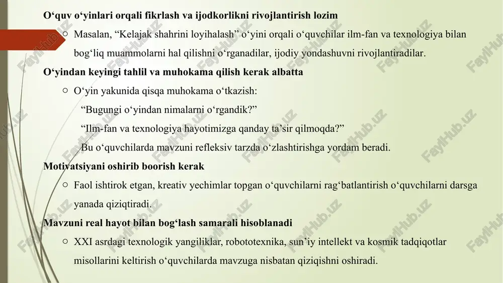 ar siz olim bo‘lganingizda xxi asrda qanday ixtiro qilgan bo‘lardingiz?” kabi savollar bilan o‘quvchilarni ijodiy o‘ylashga undang. 2. axborot texnologiyalarini darsga tatbiq eting video lavhalar, virtual muzeylar, 3d modellar, raqamli taqdimotlardan foydalanish darsni jonli, zamonaviy va esda qolarli qiladi. “xxi asr ixtirolari” nomli slaydlar yoki qisqa videolar orqali mavzuni vizual tarzda yoritish samaradorlikni oshiradi. 3. ishchanlik o‘yinlari orqali o‘rganish “innovatorlar forumi”, “kelajak gazetasi”, “ixtirochilar musobaqasi” kabi o‘yinlar o‘quvchilarda fanga qiziqishni kuchaytiradi, ularni faollikka undaydi. bu jarayonda har bir o‘quvchiga rol berish orqali ularning o‘z fikrini erkin ifodalashiga imkon yaratish kerak. 4. amaliy loyihalar va mini-tadqiqotlarni qo’llang o‘quvchilar kichik guruhlarda “mening kelajakdagi ixtirom”, “o‘zbekistonning yosh olimlari”, “texnologiya hayotimizni qanday o‘zgartirdi?” kabi mavzularda mini-loyihalar tayyorlasinlar. bu ularni mustaqil izlanish, ma’lumot topish va uni tahlil qilishga o‘rgatadi. 5. fanlararo integratsiya orqali tarixni informatika, texnologiya, geografiya va biologiya fanlari bilan bog‘lab o‘rganish o‘quvchilarda keng qamrovli dunyoqarash hosil qiladi. masalan, “kosmik tadqiqotlar tarixida o‘zbekiston hissasi” …