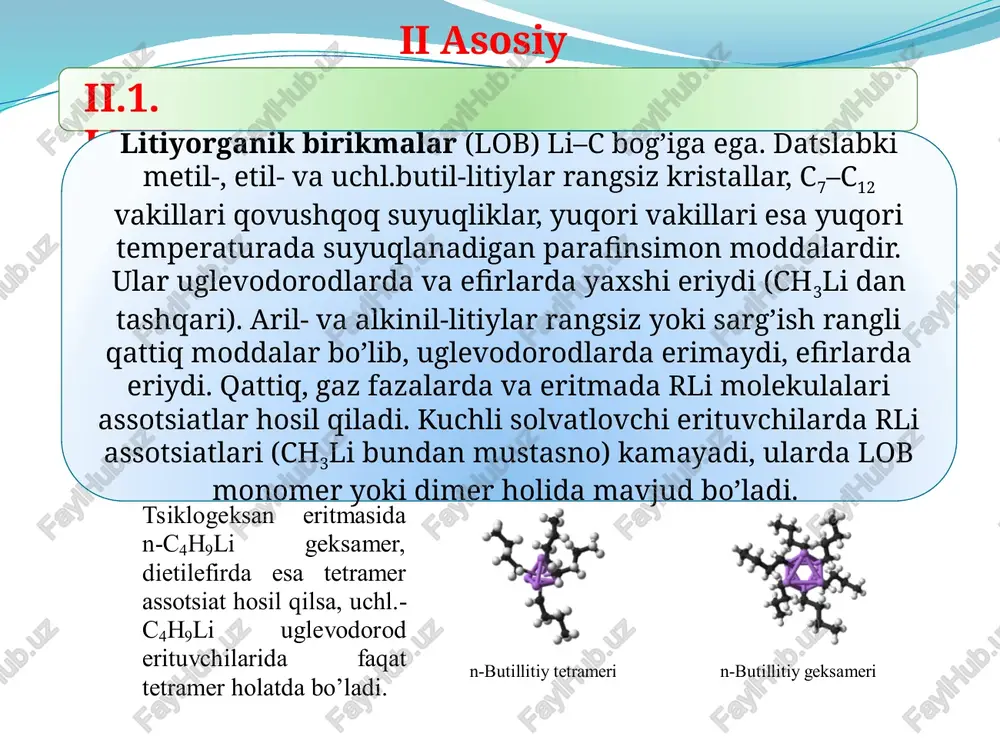 polimerlanadi (ushbu anion polimerlanish sanoatda ishlatiladi). lobning c=n qo’sh bog’iga ham birikadi. masalan, piridinga lob birikishi odatda 1,2-holatda borib, 2,5-almashgan piridinlar olish imkonini beradi: nitrillar rcn va iminlar r2c=nr’ bilan lob (reaksiya mahsulotining gidrolizidan so’ng) tegishli ketonlar va aminlarni hosil qiladi: alkilnitratlarga arillitiy ta’sirida aromatik nitrobirikmalar sintez qilish mumkin: lobning (qattiq lyuis asosi) ,-to’yinmagan karbonil birikmalarga ta’siri (nukleofil birikish) faqat 1,2-birikish mahsulotiga olib keladi (zaryad bo’yicha nazorat qilinadigan reaksiya): dimetillitiy kupratning (yumshoq lyuis asosi) birikishidan esa faqat 1,4-birikish mahsuloti (termodinamik nazorat qilinadigan reaksiya) olinadi: kupratlarning asosliligi alkillitiy asosliligidan sezilarli darajada kamligi sababli ular ishlatilganda substratdan proton ajralishi, tortib olinish kabi qo’shimcha reaksiyalar sodir bo’lmaydi. bu esa litiydialkilkupratlarni organik sintezda ishlatishga keng yo’l ochib beradi. litiy dialkilkupratlar quyidagi sxema asosida sintez qilinadi: litiy dialkilkupratlar laboratoriya sharoitida alkanlar sintezida ishlatiladi. gilman reagentining alkilgalogenid bilan o’zaro ta’siri cu(iii) oraliq mahsulot hosil bo’lishi bilan boradi. lobning li ga nisbatan elektromanfiyligi yuqori bo’lgan metal tuzlari …
