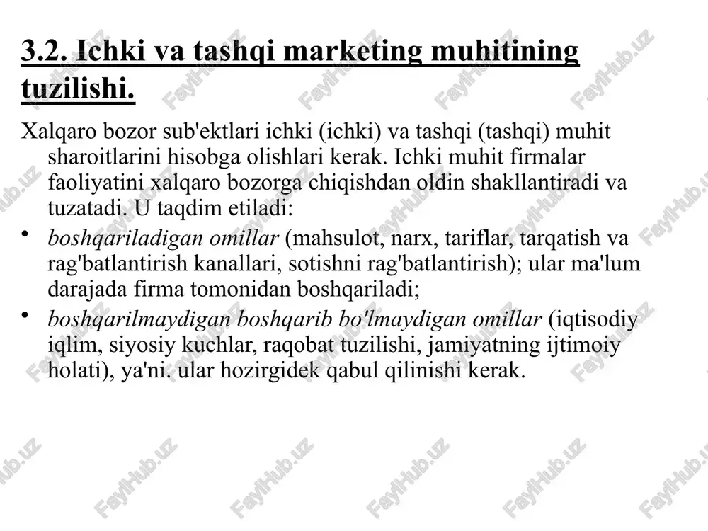 ini yaratish, doimiy ravishda to'ldirish va sozlash bilan bog'liq. tashqi bozorlarni tahlil qilish uchun axborotning asosiy turlari axborot turi axborotning tabiati bitta xorijiy sanoat statistikasi: xalqaro, mintaqaviy, davlat ishlab chiqarish hajmlari va indekslari, texnik-iqtisodiy ko'rsatkichlari 2 tashqi savdo statistikasi tashqi savdo hajmi va indekslari, eksport va importning geografik va tovar tarkibi 3 joriy tijorat ma'lumotlari xorijiy, mahalliy shaxsiy bitimlar, ishlab chiqaruvchilarning xususiyatlari, investitsiyalar hajmi, narxlarning o'zgarishi haqida xabarlar 4 tovar bozorlarining kon'yunkturasi muayyan tovar bozorlari holatini tahlil qilish (talab, narx dinamikasi, tashqi savdo aylanmasi, korporativ tuzilma va boshqalar). 5 mahalliy va xorijiy ko'rgazma va yarmarkalar haqida ma'lumot moliyaviy hisobotlar, ma'lumotnomalar indekslari (ma'lumotnomalar), kataloglar, prospektlar 6 tashqi savdo faoliyatini tartibga solish bo'yicha ma'lumotlar normativ materiallar, uslubiy va ma'lumotnomalar 7 xorijiy sayohat hisobotlari xalqaro tajribani yoritish 3.5.marketing tadqiqotini o'tkazish usullari stol tadqiqoti dala tadqiqotlari 3.6. xalqaro bozorlarni segmentatsiyalash --- xalqaro bozorlarni qaysidir ma'noda bir hil (bir hil) bo'lgan va mahsulot sotish uchun …