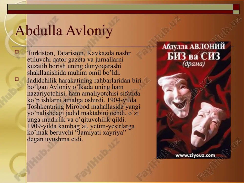 aminida axborot va bilimlar tarqatishning izchil tizimini yaratgan shaxs edi. uning birgina publitsistik merosi har yil xisob kitoblarga qaraganda 200tadan 300 tagacha maqolani o`z ichiga olgan. "kutubxonai behbudiy" kitob fondining "kutubxonai behbudiy" kitob fondining o`zagi va kitob do`koni assortimenti xaqida batafsil ma'lumotni maxmudxo`ja behbudiy tomonidan nashr etilgan "oyna" jurnali sahifalaridan, aniqrog`i, jurnal sonlari muqovalarining ichki va tashqi tomonida berilgan e'lonlardan olish mumkin bo`lgan. jurnal muqovalarida vaqti-vaqti bilan behbudiy kitob dukonida sotuvga qo`yilgan, kutubxona fondida mavjud bo`lgan kitoblarning ro`yxatlari va e'lonlar berib borilardi. mazkur ro`yxatlarni taxlil qilish behbudiy kutubxonasi va kitob savdosi fondining tematik va tipologik tuzilishi haqida tasavvur xosil qilish imkonini beradi. image2.png image3.jpeg image4.jpeg image5.jpeg image6.jpeg image7.jpeg image8.jpeg image9.jpeg image10.jpeg image11.jpeg image12.jpeg image1.jpeg /docprops/thumbnail.jpeg