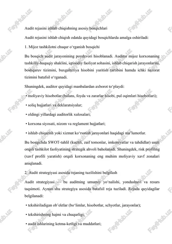 itmlar va sun’iy intellekt yordamida rejalashtirishni avtomatlashtiradi. bu nafaqat tezlikni, balki aniqlikni ham oshiradi. 3. xatarlarni (risklarni) baholash va ustuvor yo‘nalishlarni aniqlash har qanday rejalashtirish jarayonining asosiy elementi – xatarlarni aniqlash va ularni minimallashtirishdir. audit rejasida har bir risk turi uchun alohida baholash choralari belgilanadi. audit amaliyotida quyidagi risk turlari farqlanadi: • tug‘ma (inherent) risk – korxona faoliyati yoki hisob jarayonlarida tabiiy ravishda mavjud bo‘lgan xatar; • nazorat riski – ichki nazorat tizimi xatolikni aniqlay olmaslik ehtimoli; • aniqlanmagan xatolik riski (detection risk) – auditorlik amallari mavjud xatolikni aniqlay olmaslik xavfi. rejalashtirish bosqichida auditor risk assessment matrix (xavf matritsasi) tuzadi va unda har bir jarayonning ehtimoliy xavf darajasi (past, o‘rta, yuqori) baholanadi. yuqori xavfli sohalarga ko‘proq auditorlik e’tibori qaratiladi. masalan, “pul oqimlari hisobotida” yoki “tovar-moddiy zaxiralar”da firibgarlik ehtimoli yuqori bo‘lsa, audit rejasida bu bo‘limlarga alohida testlar kiritiladi. 4. auditorlik ishlarini taqsimlash va muddatlarni belgilash audit jarayonining samaradorligi ko‘p jihatdan auditorlik …