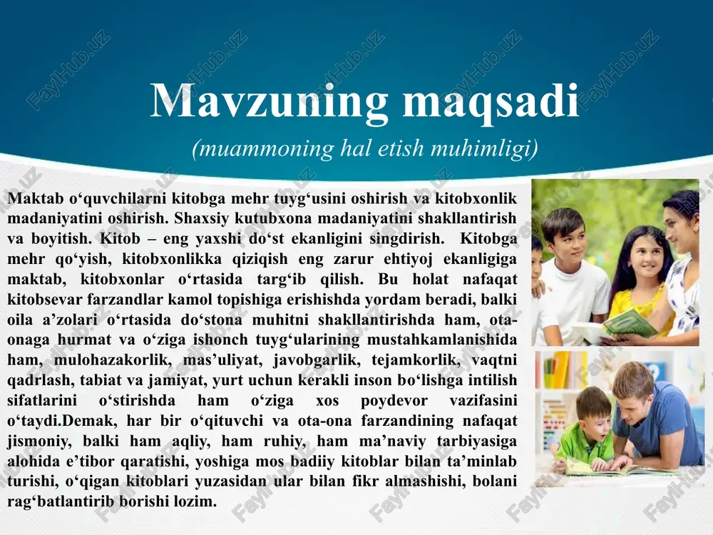 -quvvatlash tizimini izchil va samarali tashkil etish. buyuk britaniyada davlat bolalarning o‘qish jarayonini qo‘llab-quvvatlaydi va nazorat qiladi. o‘sha mamlakatda kitob mutolaasi faolligini oshirish bo‘yicha keng ko‘lamli dasturlar ishlab chiqilganga o‘xshaydi. mana shunday dasturlarga misollar: “yozgi ta’tilda kitob o‘qishga taklif”, “kitob o‘qishni boshlang”, “oilamiz bilan birga o‘qiymiz” va boshqa ko‘plab loyihalar. shu tariqa ular bolalarni yoshligidan kitobga mehr uyg‘otadi. angliyada har uch yoshli bolaga “kitob shkafi” beriladi. taklif kitobxonlik madaniyatini yanada rivojlantrish va kuchaytirish maqsadida umumiy o‘rta ta’lim maktabida “kitob o‘qigan bola” loyihasini tashkil etish. maktab hisob raqamidan loyiha g‘oliblariga yurtimiz bo‘ylab eng boy kutubxonalarga sayohat, kitob jovoni va kitoblar to‘plamini topshirish. bu rag‘bat maktab miqyosida ko‘proq o‘quvchilar taqdirlashga imkoniyat va motivatsiya beradi. yosh avlodning o‘qishga bo‘lgan qiziqishini yanada kuchaytirish, kitobxonlarni ma’naviy va moddiy rag‘batlantirish, intellektual salohiyatini oshirish, faol kitobxonlar safini kengaytirish “kitob o‘qigan bola” loyihasini tashkil etish va o‘tkazish tartibi to‘g‘risida nizom i. umumiy qoidalar ii. loyihaning maqsad va vazifalari …