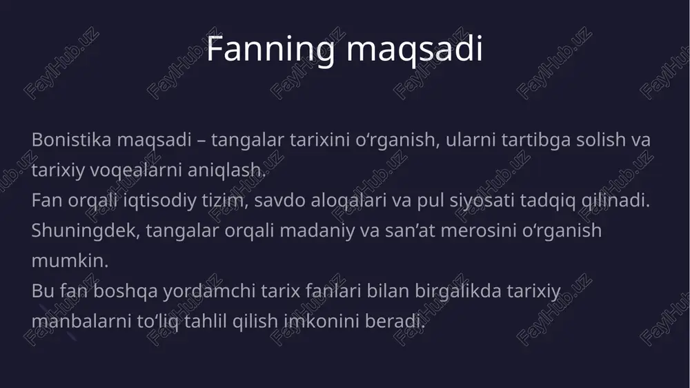 raro iqtisodiy aloqalar va boylik oqimi aniqlanadi. tangalar shuningdek, xalqaro savdo va diplomatik aloqalarni ham aks ettirgan. tangalar ishlab chiqarish va ilmiy tadqiqotlar zamonaviy bonistika tadqiqotlari metall tarkibi va ishlab chiqarish texnologiyasini o‘rganadi. 3d skanerlash va rentgen usullari qadimiy tangalarni aniqlashda qo‘llanadi. topilgan tangalar orqali iqtisodiy tizimlar va savdo aloqalari tahlil qilinadi. tangalar ilmiy manba sifatida iqtisodiy, siyosiy va madaniy tarixni o‘rganishda ishlatiladi. shuningdek, ularning o‘rganilishi arxeologiya va tarixshunoslikni boyitadi. tangalar ilmiy merosi qadimiy va o‘rta asr tangalar ilmiy meros sifatida tarixshunoslikda qadrlanadi. ular orqali iqtisodiy tizim, hukmdor hokimiyati va jamiyatning tuzilishi tahlil qilinadi. tangalar san’at va madaniyatni aks ettiruvchi manba hisoblanadi. zarblar, yozuvlar va nishonlar hukmdor siyosatini tushunishga yordam beradi. bonistika tadqiqotlari tarixiy haqiqatni tiklashda muhim vosita hisoblanadi. arxeologik qazishmalar tangalar arxeologik qazishmalar orqali topiladi. qazishmalar joyi, qatlam va topilmalar konteksti tanganing tarixiy davrini aniqlashga yordam beradi. arxeologlar tangalarni hududiysivilizatsiyalar tarqalish va savdo yo‘llari bilan bog‘laydi. tangalar orqali qadimgi …