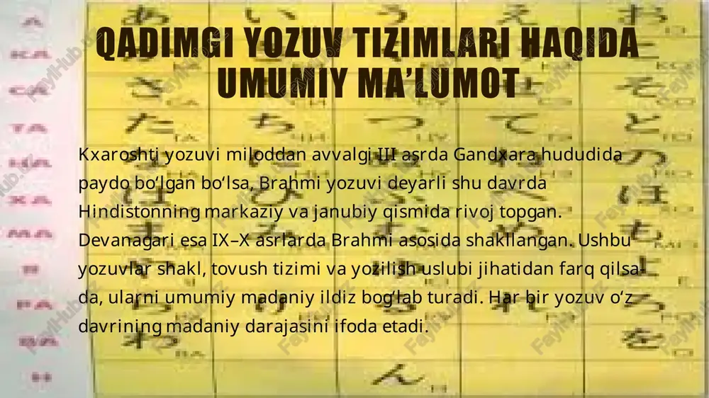 babli u diniy, ilmiy va adabiy asarlar uchun asosiy yozuv sifatida qabul qilingan. devanagari va diniy matnlar devanagari yozuvi veda, upanishad, mahabharata va ramayana kabi muqaddas matnlar uchun ishlatilgan. bu yozuv orqali diniy bilimlar avloddan-avlodga yetkazilgan. devanagari shuningdek buddaviy, jain va hindu matnlarida diniy g‘oyalarni saqlash va targ‘ib qilish vositasi sifatida ahamiyatli bo‘lgan. devanagari alifbosining xususiyatlari devanagari 48 ta asosiy belgidan iborat bo‘lib, u bo‘g‘inli yozuv tizimi (abugida) sifatida ishlaydi. harflar chapdan o‘ngga yoziladi va undosh belgilar bilan unlilar maxsus diakritik belgilar orqali ifodalanadi. harflarning yuqori qismida chiziq bo‘lib, u butun so‘z bo‘ylab uzluksiz davom etadi. bu tizim matnni o‘qishni osonlashtiradi va vizual tartibni ta’minlaydi. devanagari va ilmiy-adiabiy meros devanagari yozuvi nafaqat diniy matnlar, balki ilmiy, tibbiyot va astronomiya asarlarida ham qo‘llanilgan. sanskrit va prakrit tillaridagi ilmiy qo‘lyozmalar devanagari yordamida saqlangan. shu tariqa bu yozuv hindistonning ilmiy va madaniy merosini avlodlarga yetkazish vositasi bo‘lgan. devanagari va zamonaviy hindiston bugungi kunda …