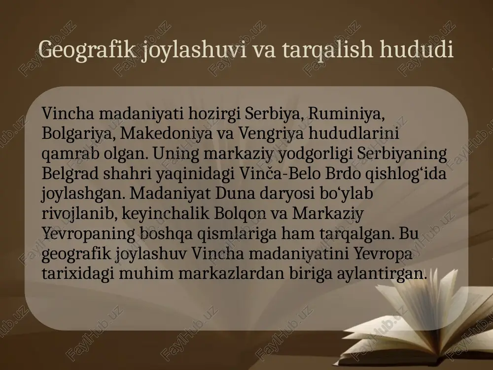 zuvi jamiyatdagi ma’muriy va diniy jarayonlarni ifodalash vositasi sifatida xizmat qilgan. tashqi savdo va madaniy aloqalar vincha madaniyati egey dengizi, kichik osiyo va qora dengiz bo‘ylaridagi xalqlar bilan faol aloqada bo‘lgan. arxeologik topilmalar orasida o‘rta osiyo, mesopotamiya va anatoliyadan keltirilgan buyumlar aniqlangan. bu almashinuvlar natijasida texnologik yangiliklar, bezak san’ati va diniy ramzlar tarqalgan. vincha aholisi qadimgi yevropadagi savdo yo‘llarining muhim halqalaridan biriga aylangan. madaniyatlararo ta’sir va meros almashinuvi vincha madaniyati o‘z davrida boshqa qadimiy madaniyatlarga sezilarli ta’sir ko‘rsatgan. arxeologik dalillar shuni ko‘rsatadiki, vincha san’ati uslubi va hunarmandchilik an’analari keyinchalik karpat va dunay vodiysi xalqlarining madaniyatiga singib ketgan. shuningdek, ularning ramziy yozuv tizimi egey madaniyati va qadimgi yunon tasviriy belgilariga ilhom manbai bo‘lgan. vincha madaniyatining ilmiy ahamiyati vincha madaniyati insoniyat tarixida ilk shaharsozlik, hunarmandchilik va yozuv tizimi shakllangan markazlardan biri sifatida muhim ilmiy ahamiyatga ega. uning o‘rganilishi neolit davrining iqtisodiy, ijtimoiy va madaniy taraqqiyotini chuqur tahlil qilish imkonini beradi. bu madaniyat …