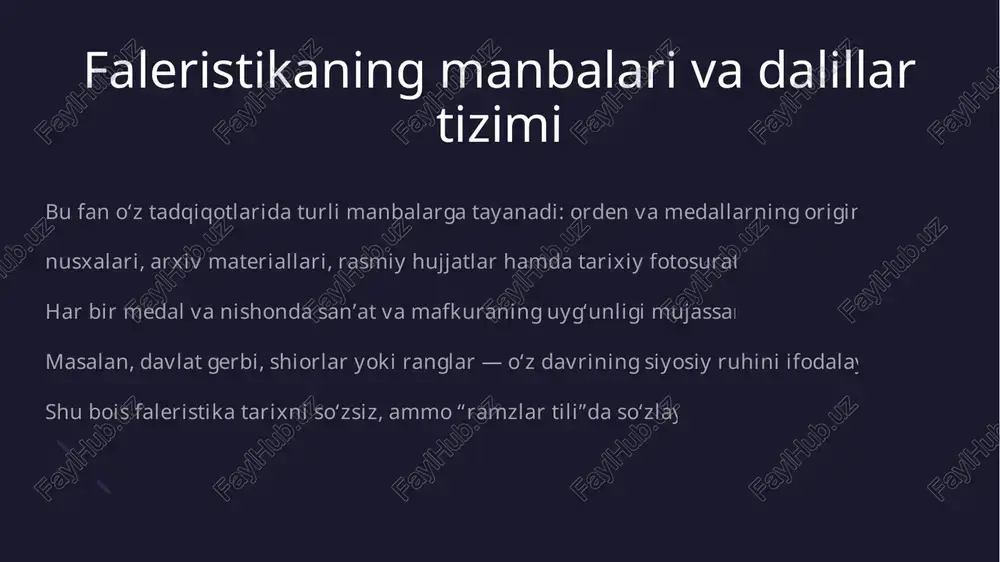 larning tarixi va ramzini o‘rganishga yordam beradi. bu fan orqali davlat ramzlari va milliy qadriyatlar tahlil qilinadi. muzeylarda medallar va ordenlar tarixiy manba sifatida saqlanadi. faleristika va xalqaro tajriba faleristika faqat o‘zbekistonda emas, balki xalqaro miqyosda ham rivojlangan fan hisoblanadi. yevropa va osiyo davlatlarida mukofotlar, ordenlar va medallar tahlili orqali tarixiy voqealar o‘rganiladi. xalqaro tajribada mukofotlar siyosiy, harbiy va madaniy kontekstni tushunishga yordam beradi. bu fan kolleksionerlik va muzeyshunoslik sohasida ham keng qo‘llaniladi. xalqaro konferensiyalar va ko‘rgazmalar orqali faleristika tadqiqotchilari tajriba almashadi. shuningdek, mukofotlar tarixini solishtirish orqali davrlararo aloqalarni aniqlash mumkin. faleristika va ta’lim sohasida qo‘llanilishi faleristika maktab va oliy ta’limda tarixni o‘rgatishda qo‘llaniladi. medallar va ordenlar orqali o‘quvchilarga tarixiy voqealar vizual tarzda tushuntiriladi. bu fan talabalarni tarixiy tafakkurga, analitik fikrlashga va madaniy qadriyatlarni anglashga o‘rgatadi. shuningdek, faleristika orqali tarixiy shaxslar va ularning xizmatlari yoritiladi. o‘zbekiston universitetlarida bu fan bo‘yicha maxsus kurslar va muzey ekskursiyalari mavjud. ta’limda qo‘llanishi bilan faleristika …