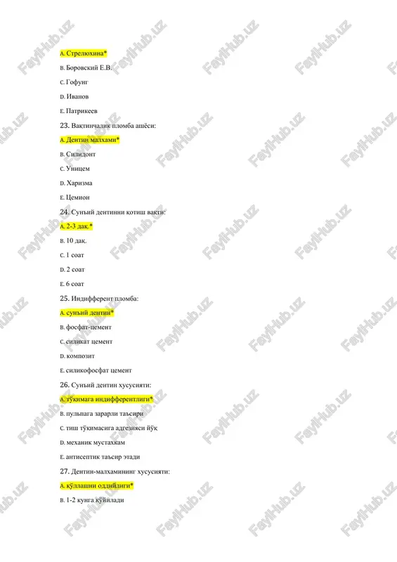 yicha ii sinf karies kovagi bo'lib hisoblanadi: a. molyar va premolyar tishlarning kontakt yuzalarida* b. kurak va qoziq tishlarning kontakt yuzasida c. barcha gurux tishlardagi tabiiy fissura va chuqurliklarda d. barcha guruh tishlarning bo'yin oldi sohasi e. kurak va qoziq tishlarning kontakt yuzasi, kesuv burchagining buzulishi bilan 50. kovakni charxlashda borni harakati bo'lishi lozim: a. kovak tubidan tashqariga qarab* b. keskin, tubidan devorlarga qarab c. kovak devoridan tubiga qarab d. kovak perimetri bo'ylab aylana e. barchasi 51. blek tisnifida karies kovaklarni qaysi belgilari asos qilib olingan? a. anatomo-topografik* b. gistologik c. klinik d. topografik e. klinik-topografik 52. 18 tishni chaynov yuzasidagi fissurada joylashgan karies kovak blek tasnifi bo'yicha qaysi sinfga mansub? a. i* b. ii c. iii d. iv e. v 53. dentin adgezivni dentinga tasiri a. tish suyuqqligini elektr o'tkazuvchanligini kuchaytiradi b. dentin kanalchalarini to'ldiradi* c. tish suyuqqligini elektr o'tkazuvchanligini kamaytradi d. oquvchan e. dezinfeksiyalovchi 54. yaltiroq, «suyuq», instrument …
