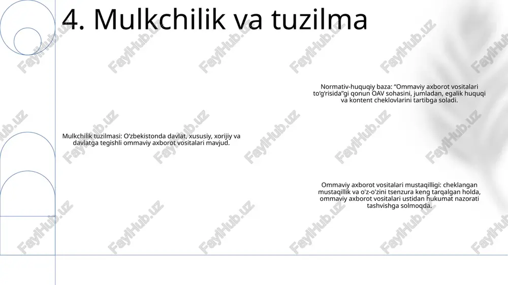 orot vositalari jamiyat farovonligini oshirish, to'g'ri ma'lumot berish va jamoatchilik muhokamasiga ijobiy hissa qo'shishga mas'uldir. uzbekistan media law: the "oʻzbekiston respublikasida ommaviy axborot vositalarining faoliyati" law outlines the rights and responsibilities of media organizations in uzbekistan, including their commitment to social responsibility. media savodxonligi: ommaviy axborot vositalari mazmunini tanqidiy baholash, noto'g'ri fikrlarni aniqlash va ommaviy axborot vositalarining jamiyatdagi rolini tushunish qobiliyatini oshirish uchun ommaviy axborot vositalarining savodxonligini oshirish juda muhimdir. 12. ijtimoiy javobgarlik axborot texnologiyalari: global ta'sir va o'zbekiston media landshaftining o'zgarishi iqtisodiy rivojlanish: o‘zbekistonning iqtisodiy o‘sishi va innovatsiyalarida ommaviy axborot vositalarining o‘rni ijtimoiy o‘zgarishlar: o‘zbekistondagi ijtimoiy va madaniy o‘zgarishlarga ommaviy axborot vositalarining ta’siri 13. global ta'sir 1. raqamlashtirish: o‘zbekistonda ommaviy axborot vositalarining kelajagi raqamlashtirishda. internetning kirib borishi va mobil telefonlardan foydalanish ortishi bilan an'anaviy ommaviy axborot vositalari muammolarga duch kelishda va raqamli landshaftga moslashishda davom etadi. 2. ijtimoiy media ta'siri: ijtimoiy media platformalari yangiliklarni iste'mol qilish va ma'lumot almashish …