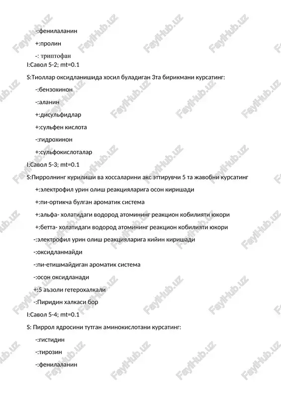 kislotani xosilasini ko'rsating +:anestezin +:novokain -:detsin -:koniin i:savol 6-10; mt=0.1 s:sulfanil kislotani va sulfanilamidlarning o'ziga xosligini ko'rsating +:anilinni sulfolash bilan olinadi +:antibakterial faollikka ega -:sulfanilamidlar on guruxni saqlaydilar -:ammiakni oksidlab i:savol 7-1; mt=0.1 s:kislotali aminokislotani kursating: -:serin -:metionin -:tsistein +:aspargin kislota -:gistidin i:savol 7-2; mt=0.1 s: neytral aminokislotani kursating: -:lizin +:glitsin -:glutamin -:asparagin -:glutamin kislota i:savol 7-3; mt=0.1 s: kaysi aminokislotada xirallik markazi yukligini kursating: -:alanin -:serin +:glitsin -:treonin -:valin i:savol 7-4; mt=0.1 s: aminokislotalarni organizmdan tashkarida dezaminlanishining maxsuloti: -:dikarbon kislota -:keton -:ketokislota -:aldokislota +:oksikislota i:savol 7-5; mt=0.1 s:kaysi gormonni sintezida substrat sifatida fenilalanin ishtirok etadi: -:insulin -:serotonin +:adrenalin -:irozin -:oksitotsin i:savol7-6; mt=0.1 s: optik xossasi yuk aminokislotani kursating: -:alanin -:lizin -:glutamin +:glitsin -:serin i:savol7-7; mt=0.1 s: kayta aminlash reaktsiyasi natijasida xosil buladigan alfa-aminokislotani kursating: -:aspargin +:glutamin -:lizin -:serin -:alanin i:savol7-8; mt=0.1 s: aminokislotalarni laboratoriyada sintez kilishda aldegidlarga kaysi reagent ta'sir ettiriladi: -:spirtlar -:tiollar +:tsianid kislota -:metall gidridi -:suv i:savol7-9; …
