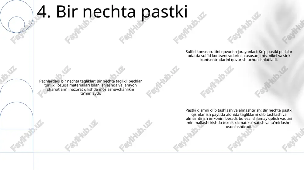 > ko'p quvurli pech sulfidli konsentratlarni qovurish uchun keng qo'llaniladigan texnologiyadir. bu kontsentratlarning samarali oksidlanishi va yonishini ta'minlaydi, qimmatbaho metallarni qaytarib oladi va oltingugurt dioksidi chiqindilarini ishlab chiqaradi. ko'p tubli pech:> ko'p quvurli pechlar o'choq kamerasida joylashgan bir nechta quvurlardan iborat. quvurlar qovurish gazini olib yuradi, bu issiqlik uzatishni osonlashtiradi va samarali qovurish sharoitlarini ta'minlaydi. 12. iqtisodiy mulohazalar jarayon tavsifi:zavod tajribasi, sulfidli konsentratlarni kuydirish jarayoni uchun ko'p tubli pech sulfid konsentratlarini qovurish uchun ko'p o'choqli pech jarayonini tasvirlaydi afzalliklari: yuqori qovurish samaradorligi kam energiya iste'moli ekologik toza ishlash ilovalar: sulfid konsentratlarini qovurish sulfat kislota ishlab chiqarish konsentratlardan metallarni olish 13. o'simliklar tajribasi murakkab dizayn: tadqiqotda ko'p quvurli pechning ishlashini optimallashtirish uchun ilg'or dizayn usullari qo'llanildi, bu esa samarali sulfidli kontsentrat yonishini ta'minlaydi. jarayonni simulyatsiya qilish: hisoblash suyuqliklari dinamikasi (cfd) simulyatsiyalari harorat rejimlari, gaz oqimi naqshlari va o'choq ichidagi issiqlik uzatish kabi turli xil ish sharoitlarini modellashtirish va tahlil qilish uchun …