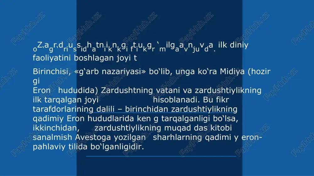 tiogb‘ilaxobliodsahljaagmalna.nbgualnarvaza«radvuesshtton»in–g «o‘rnatilgan, qat’iy qilib belgilangan qonun-qoidalar» deb nom olgan. bu qadimiy yozma manba bizgacha to‘liq yetib kelmagan. avesto haqida buyuk olim abu rayhon beruniy shunday yozadi: «yil noma kitoblarida bunday deyilgan: podshoh doro ibn doro xa zinasida (abistoning) o‘n ikki ming qoramol terisiga tillo bilan bitilgan bir nusxasi bor edi. iskandar otashxonlarni vayron qili b, ularda xizmat etuvchilarni o‘ldirgan vaqtda uni kuydirib yubordi. shuning uchun o‘sha vaqtda abistoning bes hdan uchi yo‘qolib ketdi».avestoning aleksandr makedonskiy t omonidan gresiyaga olib ketilgani, zarur joylarini tarjima ettiri b, qolganini kuydirtirib yuborgani, o‘n ikki ming qoramol terisi dagi tillo matn haqida (tabariyda 12000 pergament) keyingi d avrlarda yaratilgan zardushtiylik adabiyotida («bundahishn», «shahrihoi eron», «denkard» (ix a), «arda viraf- namak» (ixa) «tansar xatlari» (vi) «muruj az- zahab», «forsnoma» va boshqalarda) ma’lumotlar rlarda yunoniylar otashxonalarni vayron qilganlari, bor. bu asa ibodatxona asir olib ketganliklari h lar boyliklarini talon- taroj etganlari, din arboblarini o‘ldirib, aqida yoziladi. hozir …