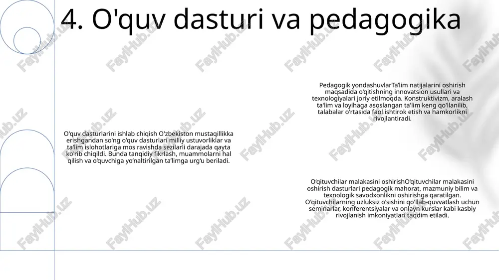 r bilan jihozlash maqsadida o‘qituvchilarni tayyorlash dasturlariga sarmoya kiritdi 10. maxsus ta'lim ta’limni moliyalashtirish: o‘zbekiston ta’lim tizimi mustaqillikka erishgandan so‘ng moliyalashtirish sezilarli darajada oshdi. mustaqillik yillarda o‘zbekistonda talim tizimi: o‘zbekistonda mustaqillik yillarida ta’lim tizimida katta islohotlar amalga oshirildi, jumladan, 12 yillik majburiy ta’lim tizimi joriy etildi. taʼlim sohasidagi islohotlar: oʻzbekistonda standartlashtirilgan test sinovlarini joriy etish va iqtidorli oʻquvchilar uchun ixtisoslashtirilgan maktablar tashkil etish kabi bir qancha taʼlim islohotlari amalga oshirildi. 11. ta'limni moliyalashtirish xalqaro tashkilotlar: o‘zbekiston yunesko, unicef, jahon banki va osiyo taraqqiyot banki bilan ta’lim tizimini isloh qilish, o‘qituvchilar malakasini oshirish va sifatli ta’limdan foydalanish bo‘yicha hamkorlik qiladi. xorijiy universitetlar: mamlakat kembrij universiteti, oksford universiteti va moskva davlat universiteti kabi mashhur universitetlar bilan qoʻshma tadqiqotlar, talabalar almashinuvi va oʻquv dasturlarini ishlab chiqish uchun hamkorlikni yoʻlga qoʻygan. ikki tomonlama kelishuvlar: oʻzbekiston 50 dan ortiq mamlakatlar, jumladan, rossiya, xitoy, hindiston va turkiya bilan talabalar, oʻqituvchilar va oʻquv materiallarini almashish imkonini beruvchi …