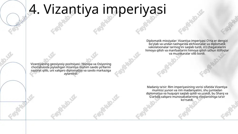 luk sultonligi turli davlatlar, shu jumladan mo'g'ul imperiyasi, oltin o'rda va ko'plab evropa qirolliklari bilan diplomatik aloqalarni davom ettirdi. bu davlatlar o'rtasida shartnomalar tuzish, savdoni osonlashtirish va tinch munosabatlarni saqlash uchun elchilar almashildi. savdo va intellektual almashinuv: mamluk sultonligi sharq va g'arb o'rtasidagi savdoni osonlashtirishda, ayniqsa qizil dengiz portlarini nazorat qilish orqali muhim rol o'ynadi 12. mamluklar sultonligi moʻgʻul yuan sulolasi: xitoydan yevropagacha boʻlgan ulkan hududlarni oʻz ichiga olgan ulkan moʻgʻul imperiyasi ilk oʻrta asrlarda (oʻrta asrlar) xalqaro munosabatlar uchun misli koʻrilmagan imkoniyatlar yaratdi. xalqaro diplomatiya: mo'g'ullar yuqori darajada tashkil etilgan diplomatik protokol o'rnatdilar va xalqaro munosabatlarda faol ishtirok etdilar. ular diplomatik vakolatxonalar tashkil etib, olis mamlakatlarga elchilar yuborib, madaniy almashinuvni rivojlantirdilar va savdo-sotiqni osonlashtirdilar. xalqaro musobaqalar: yuan sulolasi imperiyasi va undan tashqaridagi ishtirokchilarni jalb qilgan murakkab xalqaro tanlovlar va festivallarga mezbonlik qildi. bu tadbirlar moʻgʻullarning madaniy xilma-xilligini namoyish etib, sport bilan shugʻullanish, chavandozlik va badiiy ifoda uchun imkoniyatlar yaratdi. …