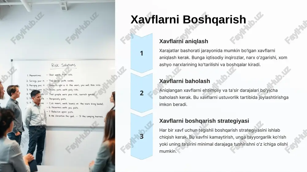 millarni, masalan, bozor sharoitlarini, yangi texnologiyalarni va boshqa o'zgarishlarni hisobga olib ularga chora ko’rish. 1.7.2013 8 ‹#› keyingi qadamlar moliyaviy rejalashtirish xarajatlar bashoratlari asosida kelajakdagi moliyaviy rejalashtirishni amalga oshiramiz. bu jarayon kassa oqimlarini boshqarish, byudjetni rejalashtirish va moliyaviy resurslarni taqsimlashda yordam beradi. risklarni baholash va boshqarish potensial moliyaviy xavflarni baholash va ularni boshqarish choralari ko'rish. bu jarayon noaniqliklarni kamaytirishga va moliyaviy barqarorlikni ta'minlashga yordam beradi. 1.7.2013 8 ‹#› keyingi qadamlar doimiy takomillashtirish xarajatlar bashoratlari jarayonini doimiy takomillashtirib chiqish. yangi ma'lumotlar, tahlillar va texnologiyalarni qo'llash orqali jarayonni samarali qilishga harakat qilish etirof etadi. 1.7.2013 8 ‹#› e’tiboringgiz uchun raxmat ! imomov mironshox 1.7.2013 8 ‹#› image1.png image2.png image3.png image4.png image5.png image6.png image7.png image8.png image9.png image10.png image11.png image12.png image13.png image14.png image15.png image16.png /docprops/thumbnail.jpeg