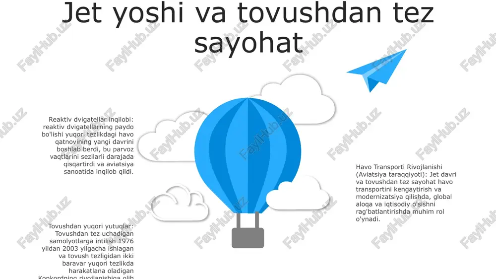 r tahlili aviakompaniyalarga operatsiyalarni optimallashtirish, xizmatlarni shaxsiylashtirish va texnik xizmat koʻrsatish ehtiyojlarini bashorat qilish imkonini beradi. iqtisodiy va ijtimoiy ta'sir iqtisodiy ta'sir: loyiha transport sohasida yangi ish o'rinlarini yaratish, iqtisodiy o'sishni rag'batlantirish va daromadlarni oshirishni qo'llab-quvvatladi. ijtimoiy ta'sir: havo transporti rivojlanishi muhim xizmatlardan, ta'limdan va ish bilan ta'minlash imkoniyatlaridan foydalanishni osonlashtirib, jamoalar hayotini yaxshilagan holda ulanish va foydalanish imkoniyatini oshirdi. atrof-muhitga ta'siri: loyiha ekologik toza transport texnologiyalaridan foydalanishni rag'batlantirish, toza va barqaror atrof-muhitga hissa qo'shish orqali issiqxona gazlari chiqindilarini kamaytirishga qaratilgan. s w o t swot qiyinchiliklar va imkoniyatlar qiyinchiliklar: - cheklangan infratuzilma: yomon yo'l sharoitlari, noto'g'ri temir yo'l tarmoqlari va tirband portlar samarali transportga to'sqinlik qiladi. imkoniyatlar: - mintaqaviy hamkorlik: qo'shni davlatlar bilan hamkorlik savdoni osonlashtirishi va aloqani yaxshilashi mumkin. hukumat tashabbuslari: - transport infratuzilmasiga sarmoya kiritish: avtomobil yo'llari, temir yo'llar va aeroportlarni yangilash rejalari logistikani yaxshilash va tranzit vaqtlarini qisqartirishga qaratilgan. e'tiboringiz uchun rahmat @taqdimot_robot image12.jpg image3.jpg image2.jpg …