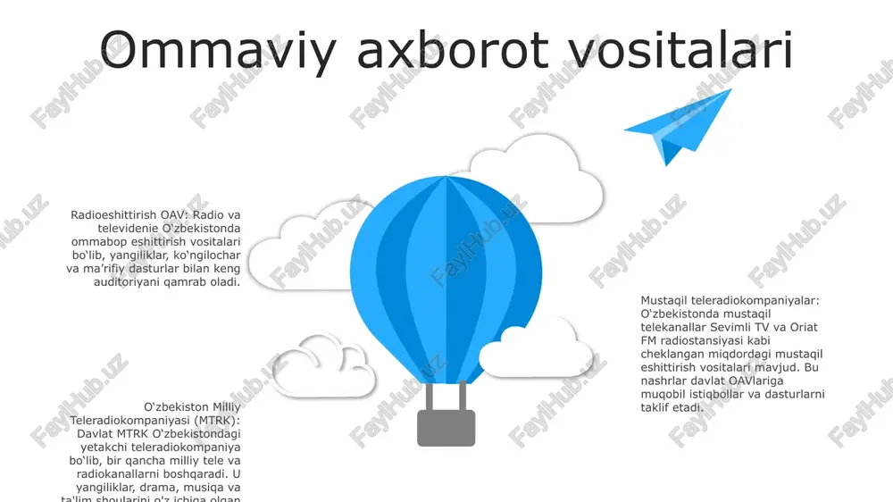 o'zlari va kamsitishlarga yo'l qo'ymaslik hamda ijobiy va inklyuziv jamoatchilik muhokamasiga hissa qo'shishga mas'uldirlar. 06 05 04 03 02 ommaviy axborot vositalari va ta'lim 01 02 media savodxonligi: media savodxonligi odamlarga ommaviy axborot vositalari xabarlarini tanqidiy tahlil qilish va baholash, ommaviy axborot vositalarining jamiyatdagi rolini tushunish va ommaviy axborot vositalarini mas'uliyat bilan ishlab chiqarish imkonini beradi. tarbiyaviy ahamiyatga ega: ommaviy axborot vositalari qimmatli ta'lim vositasi bo'lib xizmat qilishi mumkin, axborotga kirishni ta'minlaydi, tanqidiy fikrlash qobiliyatini rivojlantiradi va dunyoni chuqurroq tushunishga yordam beradi. 03 axloqiy mulohazalar: ta'limda ommaviy axborot vositalaridan foydalanish madaniy xilma-xillikni tasvirlash, stereotiplardan qochish va bolalar shaxsiy hayotini himoya qilish kabi axloqiy mulohazalarni talab qiladi. media va oʻyin-kulgi media landshaft: oʻzbekiston media landshafti davlatga tegishli va mustaqil variantlarga ega bosma, radioeshittirish va onlayn nashrlarni oʻz ichiga oladi. bosma oav: mashhur gazetalar qatoriga “xalq so‘zi” va “uzbekistan today” kiradi, jurnallarda esa yangiliklardan tortib madaniyatgacha turli mavzular yoritiladi. radioeshittirish oav: o‘zbekiston …
