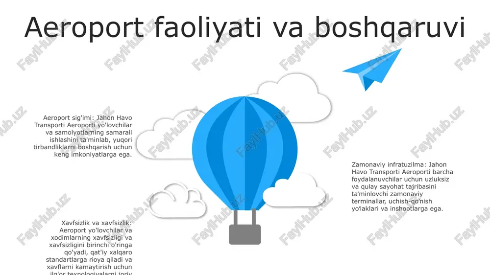 havo transporti. aeroport: o'zbekistondagi aksariyat aeroportlarni boshqarish va ishlatish uchun mas'ul o'zbekiston milliy aviakompaniyasi. aqlli va barqaror aeroportlar aeroport modernizatsiyasi: aqlli va barqaror aeroportlar operatsion samaradorlikni, yo‘lovchilar tajribasini va ekologik barqarorlikni oshirish uchun ilg‘or texnologiyalar va infratuzilma bilan jihozlangan. yashil texnologiya: ular qayta tiklanadigan energiya manbalari, energiya tejaydigan binolar va uglerod izlarini kamaytirish va barqarorlikni rivojlantirish uchun suvni tejash choralari kabi ekologik toza amaliyotlarni o'zlashtiradi. yo'lovchilarga qulaylik: aqlli aeroportlar yo'lovchi safarini yaxshilash va kutish vaqtini kamaytirish uchun uzluksiz ro'yxatdan o'tish jarayonlari, real vaqt rejimida parvoz ma'lumotlari va yuklarni boshqarishning avtomatlashtirilgan tizimlarini taklif etadi. s w o t swot aeroportlarning kelajagi terminallarni o'zgartirish: aeroportlar markazlashtirilmagan bo'ladi, kichikroq terminallar shaharlarda taqsimlanadi, tirbandlik va sayohat vaqtini kamaytiradi. kengaytirilgan xavfsizlik: ilg'or texnologiyalar xavfsizlik tekshiruvlarini soddalashtiradi, ularni tezroq va samaraliroq qiladi, yo'lovchilarni kutish vaqtini va stressni kamaytiradi. aqlli infratuzilma: aeroportlar resurslarni taqsimlashni optimallashtiradigan, energiya samaradorligini oshiradigan va yo'lovchilarga real vaqtda ma'lumot beruvchi ilg'or sensorlar va …