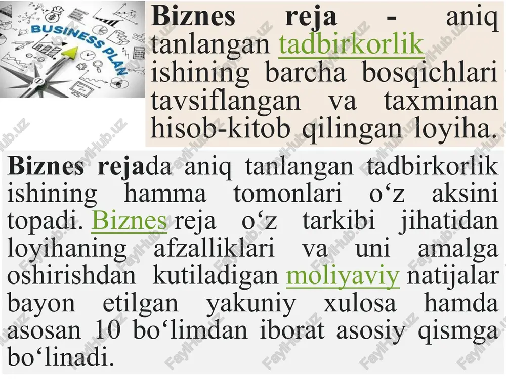 larga alohida etibor berishi kerak bo‘ladi: korxona statusi va katta - kichikligi (kichik biznes); rejalashtirish faoliyatining bosqichlari (biznes boshlanishi, ya’ni, yangi ishlab turgan korxona faoliyatining davomi); biznes xususiyati va qiyinchiligi, xuddi shunday u yoki bu masalalarni ishlab chiqishdagi iborasi; kerakli ma’lumot va axborotni borligi; boshqa mutaxassislarning yordamiga muhtojligi va boshqalar. biznes-rejaning asosiy bo‘limlari 2-reja biznes-rejani tayyorlash bosqichlari biznes-reja barcha hisob-kitoblarda belgilangan texnologik jarayonlarga, ichki zahiralardan to‘liq foydalanishga asoslanishi hamda zarur hollarda tashkiliy va texnik-iqtisodiy tadbirlar bilan mustahkamlanishi lozim. birinchi bosqichda biznes-rejaning loyiha varianti ishlab chiqilib, unda o‘tgan yilda erishilgan natijalar tahlili va kelgusi yillar uchun o‘z imkoniyatlarini baholash hisobiga dastlabki hisob-kitoblar amalga oshiriladi. * ikkinchi bosqich – bu biznes-rejaning yakuniy ishlab chiqish va korxonalarning rasmiy hujjati sifatida tasdiqlashdir. aynan, shu sifatda biznes-reja huquqiy kuchga ega bo‘lib, turli idora va muassasalarga, xususan, banklardan moliyaviy resurslar olish uchun taqdim etilishi mumkin. agar, uni ishlab chiqish o‘z navbatida korxonalarning ishlab chiqarish va iqtisodiy …