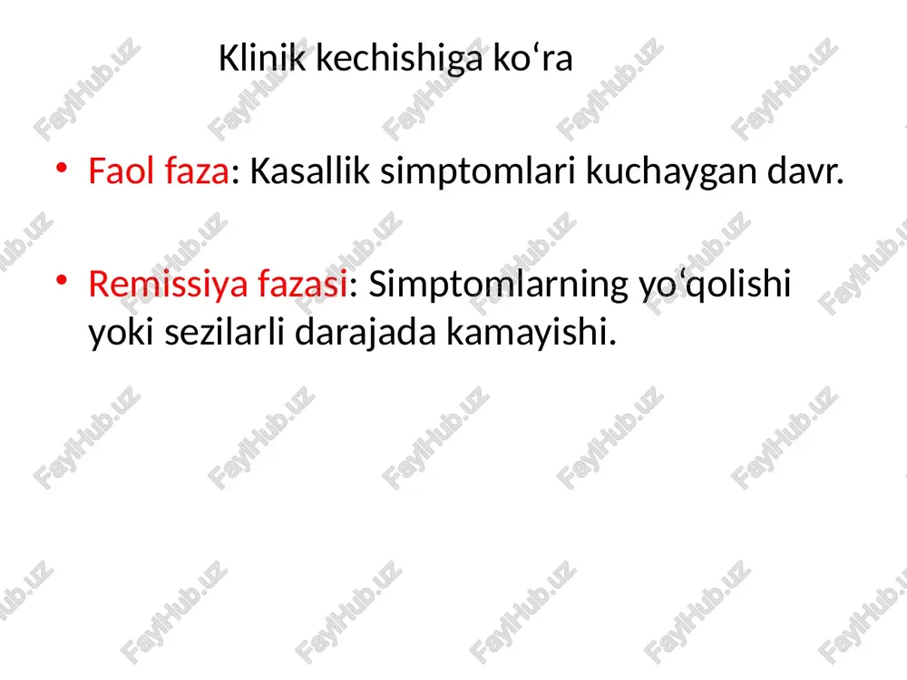 dir. quyidagi laboratoriya testlari nyk ning tashxisini qo‘yishda va davolash jarayonini kuzatishda qo‘llaniladi: oak, bak, najas, vitamin va mineral darajalari, kaliy va natriy darajasi: surunkali diareya va qon yo‘qotish natijasida bu elektrolitlarning darajasi o‘zgarishi mumkin, bu esa hayotiy muammolarni keltirib chiqarishi mumkin. bolalarda nospetsifik yarali kolit (nyk) davolashining maqsadi yallig‘lanishni boshqarish, simptomlarni kamaytirish va ichakda zararlanishni oldini olishdir. davolash individual ravishda, kasallikning faoliyati va og‘irligiga qarab belgilanadi. 1. farmakologik davolash: a. anti-yallig‘lanish dorilari: aminosalicilatlar (5-asa): b. kortikosteroidlar: prednizolon va budesonid: kasallikning og‘ir shakllarida yallig‘lanishni tez kamaytirish uchun qo‘llaniladi. ular tizimli ravishda (tabletkalar yoki in'ektsiyalar) qabul qilinadi. c. immunosupressiv dori-darmonlar: azatioprin (imuran) yoki merkaptopurin (purinethol): e. antibiotiklar 2. diyet va oziqlanishni boshqarish: maxsus dieta: yallig‘lanishni kuchaytiradigan oziq-ovqatlardan (masalan, yog‘li, achchiq, tuzli ovqatlar) saqlanish muhimdir. bolalar uchun balanslangan va oson hazm bo‘ladigan ovqatlar tavsiya etiladi. 3. suyuqlikni va elektrolitlarni tiklash: suyuqlik va elektrolitlar (sodium, kaliy) bilan davolash: bolalarda diareya tufayli suvsizlanish (dehidratatsiya) …