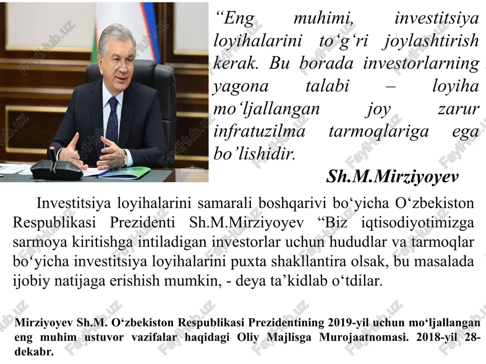 yangi texnologik liniyaning ishga tushirilishi va hokazo. proektlarning xarakteristikasi maqsadga yo'naltirilganligi; vaqt cheklanganligi; loyihaning hayot tsikli mavjudligi; ishlar bajarish bosqichlarining ketma-ketligi 5) byudjet bo'lishi; 6) mahsulotlar, xizmatlar va natijalarning unikalligi loyihalarning tahlili va sintezi qulayligi uchun turli xil boshqarish tizimlari turli asoslar bo'yicha tasniflanishi mumkin. 1. maqsadiga ko'ra: a) tijorat loyihasi- foyda olish ko'zlangan b) notijorat loyiha − ijtimoiy,ekologik samara kutiladigan. 2. loyiha turi (amalga oshirilayotgan loyihaning asosiy faoliyat sohalari bo'yicha): tashkiliy, iqtisodiy, ijtimoiy aralash. 3. loyiha sinfi (loyiha tarkibi va tizimi hamda uning fan sohasi bo'yicha): monoloyiha (mas, do'konning, uy-joy qurilishining loyihasi) multiloyiha (alohida monoloyihalardan iborat va ularni birlashtiruvchi metropoliten) megaloyiha (xalqaro gazquvurlari qurilishi) 4. loyiha ko'lami – (loyihaning hajmi, qatnashuvchilar soni va atrof-muhitga ta'sir darajasi bo'yicha) kichik loyihalar, o'rta loyihalar, yirik loyihalar, juda yirik loyihalar. loyihalarning bunday taqsimoti juda shartlidir. loyiha ko'lamlarini aniqroq shaklda ko'rish mumkin. davlatlararo, xalqaro, milliy mintaqalararo va mintaqa, tarmoqlararo va tarmoqlar bo'yicha, kooperativ, tashkiliy …
