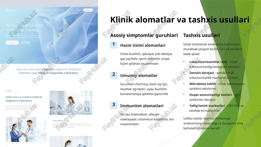 likda ishlatilganda synergik ta'sir ko'rsatadi. bu kombinatsiya foydali bakteriyalarning yashash va ko'payish sharoitlarini yaxshilaydi. qo'llash tamoyillari probiotik va prebiotiklar bilan davolashda quyidagi tamoyillarni rioya qilish kerak: asta-sekin boshlash va dozani oshirish kamida 3 oylik kurs o'tkazish turli shtammlardan foydalanish prebiotiklar bilan birgalikda qabul qilish antibiotiklar bilan bir vaqtda qabul qilmaslik dozalash probiotiklar uchun kunlik tavsiya etilgan doza 10-50 milliard koe (koloniya hosil qiluvchi birliklar). prebiotiklar uchun kuniga 5-20 gramm tola zarur. 9 hayot tarzini o'zgartirish va dietoterapiya eliminatsiya dietasi birinchi bosqichda potentsial zararli mahsulotlarni yo'q qilish: gluten, sut mahsulotlari, qand, qayta ishlangan ovqatlar, alkogol va kafein. bu bosqich 4-6 hafta davom etishi kerak. sintomlarni kundalikda qayd etish muhim. davolovchi ovqatlar ichak devorini tiklash uchun maxsus ovqatlar: suyak shorpasi (kolagen uchun), fermentlangan mahsulotlar (probiotiklar uchun), omega-3 yog'lari (yallig'lanishni kamaytirish uchun), tolali mevalar va sabzavotlar. 03 qayta kiritish bosqichi eliminatsiya qilingan mahsulotlarni birin-ketin qaytarish va reaktsiyalarni kuzatish. har bir yangi mahsulotni 3 …