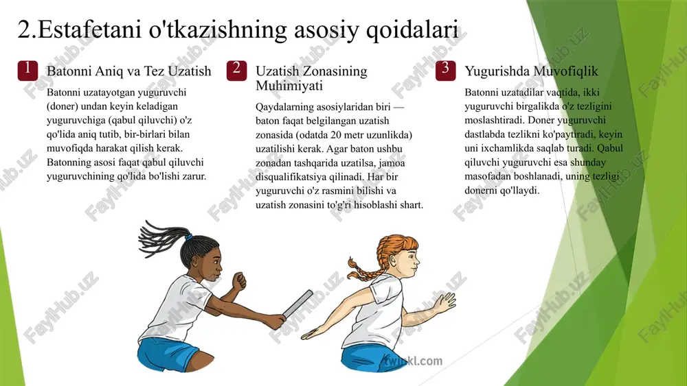 aqtini aniq belgilaydi. doner yuguruvchi "tayyor!" deyadigani eshitib, qabul qiluvchi yuguruvchi tezlikni ko'paytiradi. tezlikni moslashtirish uzatish zonasida yuguruvchilar tezligini moslab, o'zaro muvofiqlikda harakat qiladi. bu tamasha harmoniya va amaliy birgalikda ishlash natijasi. maksimal tezlik saqlanish har bir yuguruvchi o'zining maksimal tezligini saqlab turadi va baton uzatish vaqtida undan boshlanmaydi. bu jamoaviy quvvatni va tezlikni ta'minlaydi. mashq va muvofiqlik mashq va takrorlash orqali jamoaviy muvofiqlik oshadi. professional jamoalar haftalarchas o'zaro baton uzatish yuzasidan mashq qiladi. 11 mashhur estafetali yugurish jamoalari misolida 2012 london olimpiadasida aqsh jamoasi rekord natija 2012 yil london olimpiadasida aqsh jamoasi 4x100 metr estafetada oltin medalni qo'lga kiritdi. ularning natijasi — 37,04 soniya — bu olimpiada tarixidagi eng tez estafeta va vaqtni belgiladi. muvaffaqiyatning asosi ularning muvaffaqiyati aniq baton uzatish va jamoaviy ishga asoslangan. har bir yuguruvchi o'z qismida rekord-yaqin natija ko'rsatdi. tyson gey, yusef barton, valorian koul va damit bolt — har biri o'z masahasini, o'z kuchini …