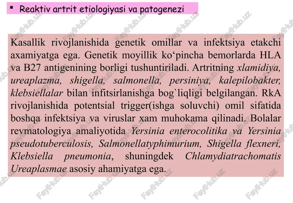 kin: ayrim bemorlarda kasallik o‘tkir bosqichdan so‘ng to‘liq remissiya bilan tugasa, boshqalarda surunkali kechib, spondiloartrit yoki ankiloz bilan yakunlanishi mumkin. davolashda kompleks yondashuv zarur: infeksiyaga qarshi (antibiotiklar), yallig‘lanishga qarshi (nsaid, gks), ba’zida immunomodulyator yoki biologik dori vositalaridan foydalaniladi. foydalanilgan adabiyotlar gospital pediatriya/s.a.raximov, a.r.isroilov. taxriri ostida/ toshkent – 2008 paritskaya, t. spravochnik pediatra / t. paritskaya. – moskva : eksmo, 2004. rukovodstvo po detskoy artrologii / pod red. akad. amn sssr m. ya. studenikina, prof. a. a. yakovlevoy. – leningrad, 1987. – s. 162–170. spravochnik vracha obshey praktiki / pod red. akad. ramn n. r. paleeva. – moskva : eksmo, 2002. spravochnik vracha obshey praktiki / pod red. akad. ramn n. r. paleeva. – moskva : eksmo, 2002. spravochnik pediatra. – sankt-peterburg ; moskva, 2004. spravochnik semeynogo vracha (pediatriya). – minsk, 2000. – s. 390–398, 417–420. shabalov, n. p. detskie bolezni / n. p. shabalov. – sankt-peterburg ; moskva ; xarkov …