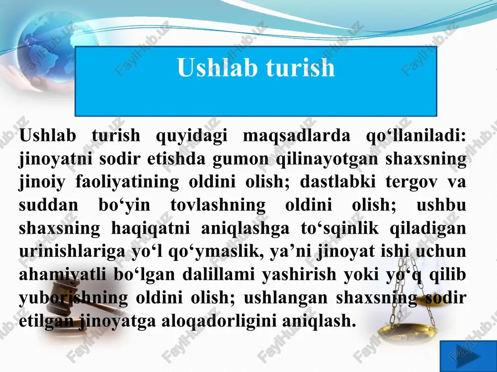 zarda tutadi: shaxsiy kafillik; jamoat birlashmasi yoki jamoaning kafilligi. ayblanuvchi (sudlanuvchi)ga faqat o‘zini tegishlicha tutishga majbur etadigan axloqiy omillar ta’sir qiladi. kafillikka berilgan shaxsning tegishli xulq-atvori uchun kafillar mas’uldir, uning o ‘ziga esa amaldagi qonun hech qanday majburiyat yuklamaydi. munosib xulq-atvorda bo‘lish to‘g‘risida tilxat olishdagidek, kafillikka berilgan shaxsning zimmasiga ham quyidagi majburiyatlarni yuklashni o‘zbekiston respublikasi jinoyat-protsessual kodeksining 252-moddasiga kiritish maqsadga muvofiq: tergov va suddan yashirinmaslik; haqiqatni aniqlashga xalaqit bermaslik; jinoiy faoliyat bilan shug‘ullanmaslik; hukm ijrosiga to‘sqinlik qilmaslik. ayblanuvchi, bundan tashqari, surishtiruvchi, tergovchi, prokuror va sudning chaqirig‘iga ko‘ra kelish va yashash joyining o‘zgargani to‘g‘risida ma’lum qilish majburiyatlarini zimmasiga olishi kerak. harbiy xizmatchining xulq-atvori ustidan qo‘mondonlik kuzatuvi qo‘mondonlik kuzatuvi ayblanayotgan harbiy xizmatchi kelgusida sodir etishi ehtimol qilingan jinoiy faoliyatining oldini olish, surishtiruv yoki tergovga to‘sqinlik qilmasligini ta’minlash maqsadida tergovchining qarori yoki sudning ajrimi asosida qo‘llanadi. voyaga yetmaganlarni kuzatuv ostiga olish uchun topshirishda ota-onasi, vasiylar, homiylar yoki bolalar muassasasi ma’muriyatidan voyaga yetmagan ayblanuvchini …