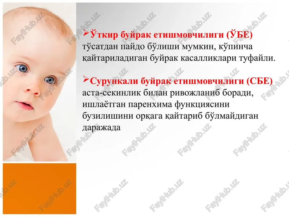k); 7) infektsion asoratlarning oldini olish (antibakterial va zamburug'ga qarshi vositalar yoshga xos dozalarning 30-50% dozasida buyuriladi); 8) simptomatik davo: − gipotenziv dori vositalari; − antipiretiklar; − talvasaga qarshi preparatlar - fermentlar; - eubiotiklar; surunkali buyrak etishmovchiligi surunkali buyrak etishmovchiligi kamida 6 oy davomida endogen kreatinin klirensi 20 ml / (min. 1,73 m2 dan past), zardob kreatinin 0,177 mmol / s dan yuqori, azot mochevina 5,8 mmol / dan yuqori bo'lsa, buyrak funktsiyasining doimiy qaytarilmas progressiv buzilishi bo'ladi. (4-evropa pediatr - nefrologlarning kongressi tavsiyalari, dublin, 1971) sbe etiologiyasi glomerulopatiyalar: birlamchi glomerulyar kasalliklar, immunoglobulin a nefropatiya, membranoproliferativ glomerulonefrit tizimli kasalliklar bilan assotsiirlangan glomerulopatiyalar - diabet, amiloidoz, tqyu tubulointerstitsial kasalliklar: reflyuks nefropatiya pielonefrit bilan, sarkoidoz, toksik nefropatiya irsiy kasalliklar: kistalar, alport sindromi gipertenziya buyrak vaskulyar kasalliklari obstruktiv uropatiyalar sbe bosqichlarining xarakteristikasi 1 - bosqich kompensatsiyalangan: buyrak funktsiyalari hajmi me'yorning 80 dan 50% gacha, ishlaydigan nefronlar miqdori me'yorning 50-25% ni tashkil qiladi. bemorning …