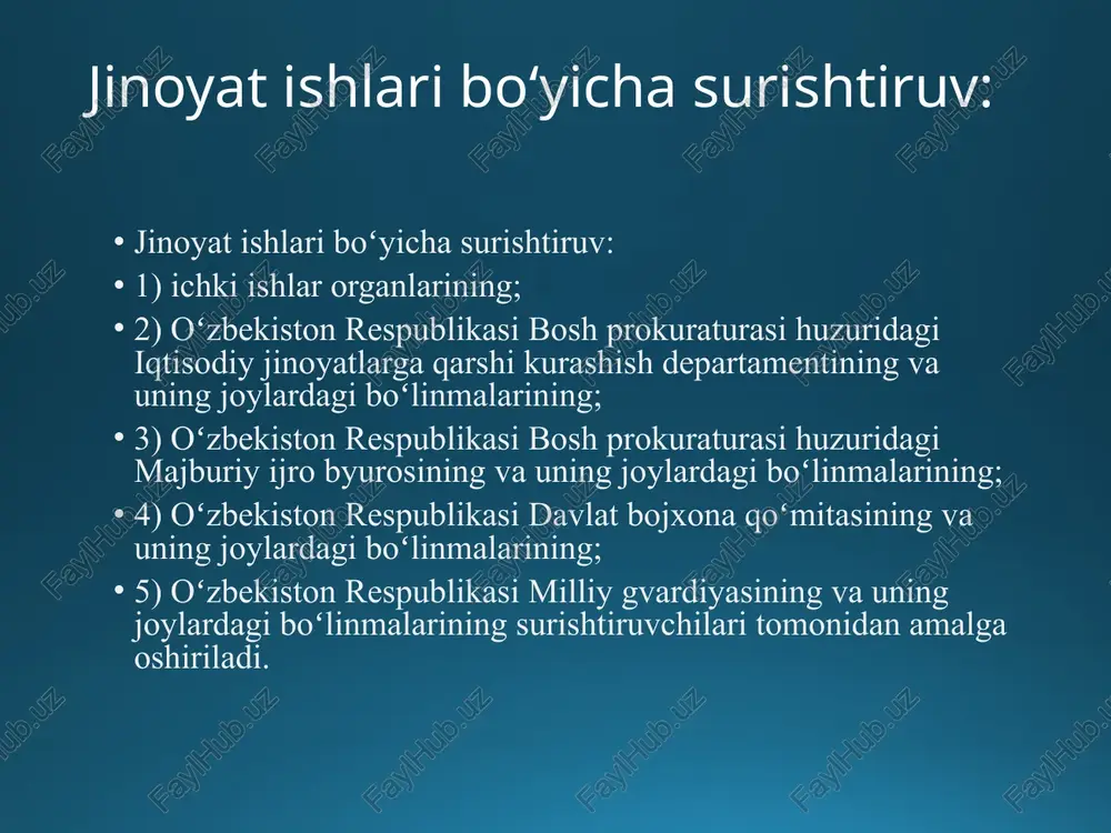 oniyalari, tarbiya koloniyalari, tergov hibsxonalari hamda turmalarning boshliqlari — shu muassasalar xodimlari xizmatni oʻtashning belgilangan tartibiga qarshi qilgan jinoyatlarga doir ishlar, xuddi shuningdek mazkur muassasalar hududida sodir etilgan boshqa jinoyatlarga doir ishlar boʻyicha; 5) davlat yongʻindan nazorat qilish organlari — yongʻinlarga doir va yongʻinga qarshi qoidalarni buzganlikka doir ishlar boʻyicha; 6) oʻzbekiston respublikasi davlat xavfsizlik xizmatining chegara qoʻshinlari — oʻzbekiston respublikasining davlat chegarasini buzganlikka doir ishlar boʻyicha; 7) olis safarda boʻlgan dengiz kemalarining kapitanlari; 8) davlat bojxona xizmati organlari — bojxona toʻgʻrisidagi qonunchilikni buzganlikka doir ishlar boʻyicha; 9) oʻzbekiston respublikasi bosh prokuraturasi huzuridagi iqtisodiy jinoyatlarga qarshi kurashish departamenti va uning joylardagi boʻlinmalari — budjet, soliq va valyuta toʻgʻrisidagi qonunchilikni buzganlikka doir ishlar, shuningdek elektr, issiqlik energiyasi, gaz, vodoprovoddan foydalanish bilan bogʻliq jinoyatlar toʻgʻrisidagi ishlar boʻyicha; 10) oʻzbekiston respublikasi bosh prokuraturasi huzuridagi majburiy ijro byurosi va uning joylardagi boʻlinmalari — voyaga yetmagan yoki mehnatga layoqatsiz shaxslarni, ota-onani moddiy taʼminlashdan boʻyin tovlashga, …