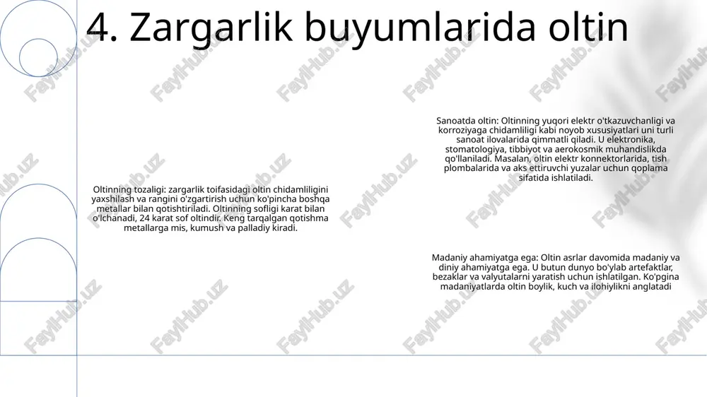 va tibbiy asboblarda qo'llaniladi, infektsiyalarning oldini oladi va davolanishni rag'batlantiradi. 10. sanoat qoplamalarida oltin oltinning kimyoviy qo'llanilishi: oltin turli xil kimyoviy reaktsiyalarda, jumladan farmatsevtika, yoqilg'i va polimerlarni ishlab chiqarishda katalizator sifatida ishlatiladi. elektronika va texnologiya: oltin elektronika sanoatida muhim ahamiyatga ega bo'lib, yarimo'tkazgichlar, konnektorlar va kontaktlarning zanglashiga olib keladigan o'tkazgich sifatida xizmat qiladi. shuningdek, u sensorlar, quyosh batareyalari va boshqa ilg'or texnologiyalarda ilovalarni topadi. biotibbiyot va stomatologiyada foydalanish: oltin noyob xususiyatlarga ega bo'lib, uni tibbiyot va stomatologiya sohasida qimmatli qiladi. u tish plombalarida, braketlarda va tojlarda, shuningdek, jarrohlik asboblari va asboblarida qo'llaniladi. uning biologik muvofiqligi va korroziyaga chidamliligi uni ushbu ilovalar uchun mos qiladi. 11. katalizatorlardagi oltin nanopartikullar: oltin nanozarrachalar noyob optik xususiyatlarga ega bo'lib, ularni dori vositalarini etkazib berish va biosensing kabi ilovalarda foydali qiladi. elektronika: oltin o'zining yuqori elektr o'tkazuvchanligi va oksidlanishga chidamliligi tufayli elektronikada keng qo'llaniladi. u bosilgan elektron platalar, ulagichlar va boshqa komponentlarda qo'llaniladi. kataliz: oltin …
