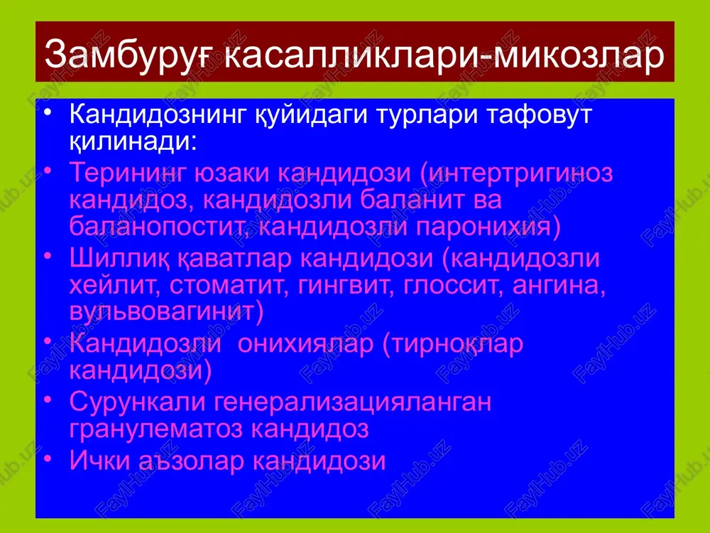 va boshning sochli qismini zararlaydi mikrosporiya silliq teri mikrosporiyasi silliq teri mikrosporiyasi mikrosporiya mikrosporiya silliq teri mikrosporiyasi mikrosporiya silliq teri mikrosporiyasi mikrosporiya silliq teri mikrosporiyasi mikrosporiya silliq teri mikrosporiyasi mikrosporiya boshning sochli qismi mikrosporiyasi mikrosporiya boshning sochli qismi mikrosporiyasi dermatomikozlar-favus favus surunkali zamburug' kasalligi bo'lib, siliq terini, boshning sochli qismini, tirnoqlarni, ba'zan esa ichki a'zolarni xam zararlaydi. quyidagi klinik turlari tafovut qilinadi: skutulyar turi –tipik klinik shakli skvamoz turi- atipik klinik shakli impetiginoz turi-atipik klinik shakli alopetsiyasimon turi-atipik shakli granulematoz turi-atipik shakli favus boshning sochli qismi favusi, skutulyar turi favus boshning sochli qismi skutulyar favusi favus boshning sochli qismi impetiginoz favusi onixomikozlar tirnoqlarning zamburug'lar tomomonidan zararlanishi onixomikozlar deb yuritiladi. asosan trixofiton zotiga mansub bo'lgan zamburug'lar xamda achitqisimon zamburug'lar tirnoqlarni zararlaydilar.tirnoqlarning zararlanishi 3 xil turda bo'ladi: normotrofik gipertrofik atrofik normotrofik tipida tirnoqning konfiguratsiyasi va qalinligi uzoq vaqt davomida saqlanib turadi. gipertrofik tipda tirnoq qalinlashadi, tirnoq osti giperkeratozi kuzatiladi, tirnoq qalinlanishi va …