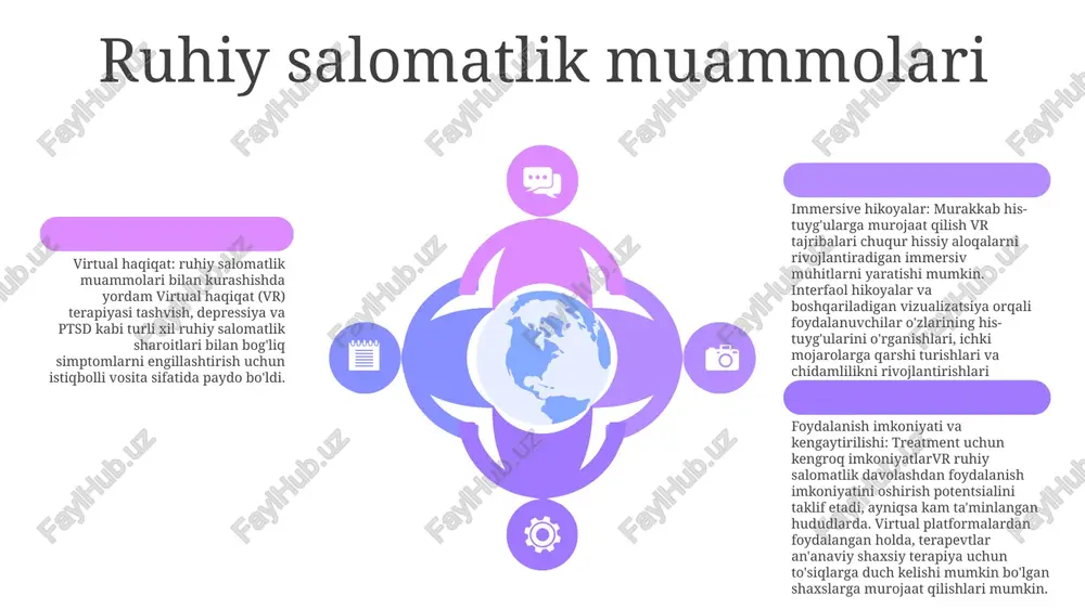sotib olish va sotish imkonini berishi mumkin. ushbu valyutalarning qiymati va qonuniyligi hamda pul yuvish va boshqa moliyaviy jinoyatlar potentsialiga nisbatan axloqiy va huquqiy oqibatlar yuzaga keladi. ma'lumotlarni himoya qilish: virtual olamlar foydalanuvchi nomlari, chat jurnallari va belgilar profillari kabi foydalanuvchilarning shaxsiy ma'lumotlarini to'playdi va saqlaydi, bu esa maxfiylik va ma'lumotlarni himoya qilish qonunlari haqida tashvish uyg'otadi. intellektual mulk: virtual olamlar ko'pincha avatarlar, ijodlar va skriptlar kabi foydalanuvchi tomonidan yaratilgan tarkibga ega. intellektual mulk huquqlari, egalik huquqi va bunday kontentni litsenziyalash bilan bog'liq huquqiy muammolar paydo bo'ladi. kelajakdagi oqibatlari 01 02 03 virtual o'yinlarning iqtisodiy o'sishi: virtual haqiqat va to'ldirilgan reallik texnologiyalarining rivojlanishi bilan o'yin sanoati muhim iqtisodiy kuch bo'lib qolishi kutilmoqda. virtual o'yinlarning ijtimoiy ta'siri: real virtual muhitda o'ynaladigan o'yinlar ijtimoiy o'zaro ta'sirni oshirishi va izolyatsiya xavfini kamaytirishi mumkin. virtual o'yinlardan ta'lim va davolash maqsadlarida foydalanish: virtual o'yinlardan ko'nikmalarni yaxshilash, jarohatlarni davolash va jismoniy cheklovlarni bartaraf etish uchun ta'lim …