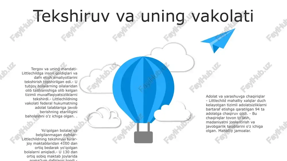 hamkorlikning yo'qligi - manfaatdor tomonlar, jumladan, mahalliy jamoalar, sanoat sheriklari va davlat idoralari o'rtasidagi muvofiqlashtirishning etarli emasligi tavsiyalarning muvaffaqiyatli bajarilishiga to'sqinlik qilishi mumkin. oldindagi yo'l: murosa va adolatni rivojlantirish hisobot jadvali: 2015-yil 3-iyunda, ikki yillik tadqiqot va maslahatlardan so‘ng chop etildi. asosiy tavsiyalar: kanada tub aholisi uchun yarashuv va adolatni ta'minlash uchun 50 dan ortiq aniq harakatlar, jumladan, tizimli irqchilik, qashshoqlik va sog'liqdagi nomutanosibliklarni bartaraf etish tavsiya etilgan. ta'siri: hisobot siyosatga ta'sir ko'rsatdi va kanadadagi mahalliy xalqlarning hayotini yaxshilashga qaratilgan doimiy muloqot va tashabbuslarni keltirib chiqardi. s w o t swot mahalliy bolalar farovonligi bilan bog'liq joriy huquqiy islohotlar mahalliy aholining bolalar farovonligini isloh qilish: asosiy qoidalar - bolalar farovonligi masalalari bo'yicha mahalliy yurisdiksiyani tan olish - mahalliy aholi tomonidan boshqariladigan xizmatlarni moliyalashtirish - madaniy sezgirlikni va travmadan xabardor amaliyotlarni targ'ib qilish littlechild hisoboti sharhi: asosiy topilmalar - bolalar farovonligi tizimida tubjoy bolalarga nisbatan keng qamrovli tizimli diskriminatsiya - tengsizliklarni …
