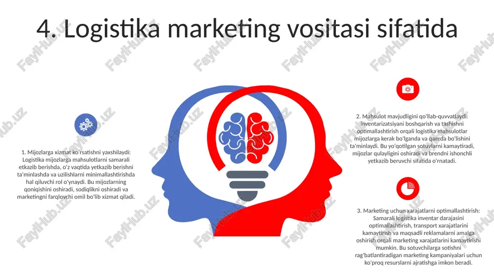 r tushunchalarini ochish logistika va marketingning kesishishi maqsadli strategiyalar uchun mijozlar tushunchalari 11. barqarorlik va yashil logistika barqarorlik va yashil logistika logistikadagi barqarorlik iqtisodiy va ijtimoiy ehtiyojlarni qondirish bilan birga atrof-muhitga ta'sirni kamaytiradigan amaliyotlarni anglatadi. yashil logistika ekologik toza qadoqlardan foydalanish, marshrutlarni optimallashtirish va uglerod chiqindilarini kamaytirishni o'z ichiga oladi. marketing barqarorlik bilan oʻzaro aloqadorlik zamonaviy isteʼmolchilarning ekologik toza mahsulot va xizmatlarga boʻlgan xohishlariga mos keladi. yashil logistika kompaniyaning brend imidji va obro'sini oshirishi mumkin, bu esa atrof-muhitni muhofaza qilishni qadrlaydigan mijozlarni jalb qilishi mumkin. logistika va marketing integratsiyasi. barqarorlikni logistika va marketingga integratsiyalash, yaxlit brend tajribasini yaratishi mumkin. kompaniyalar barqarorlikka sodiqligini qadoqlash, aloqa kanallari va ta'minot zanjiri shaffofligi orqali namoyish etishlari mumkin, bu esa mijozlarning sodiqligini va brend farqlanishini oshiradi. sales 1st qtr 2nd qtr 3rd qtr 4th qtr 35 25 20 15 12. innovatsiyalar va rivojlanayotgan tendentsiyalar 3. elektron tijorat va oxirgi mil yetkazib berish: elektron tijoratning o'sishi …