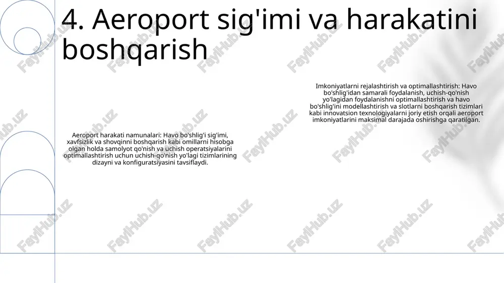 ikni tekshirish va darvozalarni boshqarish kabi bir qator yoʻlovchi xizmatlarini taqdim etadi, bu esa uzluksiz sayohat tajribasini taʼminlaydi. aeroportni rivojlantirish: kompaniya butun mamlakat bo'ylab aeroportlarni rivojlantirishda, aeroportlar infratuzilmasi, sig'imi va samaradorligini oshirish uchun loyihalash, qurish va modernizatsiya xizmatlarini ko'rsatishda muhim rol o'ynaydi. havo harakatini boshqarish: “jahon havo transporti va aeroportlari” aviakompaniyasi havo harakatini boshqarish markazlarini boshqaradi va havo kemalarining oʻzbekiston havo hududida xavfsiz va samarali harakatlanishini taʼminlash, parvozlarning uzluksiz bajarilishini taʼminlash maqsadida navigatsiya xizmatlarini koʻrsatadi. 12. aeroport yo'lovchilariga xizmat ko'rsatish havo yuk tashish markazi: toshkent xalqaro aeroporti markaziy osiyoni yevropa va osiyo bilan bogʻlovchi muhim havo yuk tashuvchi markaz boʻlib xizmat qiladi. yuk tashish quvvati: “jahon havo transporti va aeroportlari” yiliga 200 000 tonnadan ortiq yuk tashish hajmiga ega. ekspeditorlik xizmatlari: aeroport turli xil ekspeditorlik xizmatlarini taklif etadi, jumladan, bojxona rasmiylashtiruvi, omborxona va aeroportga va aeroportdan tashish. 13. aeroportda yuk tashish operatsiyalari ob'ektni boshqarish: aeroport infratuzilmasini, shu jumladan uchish-qo'nish yo'laklarini, …