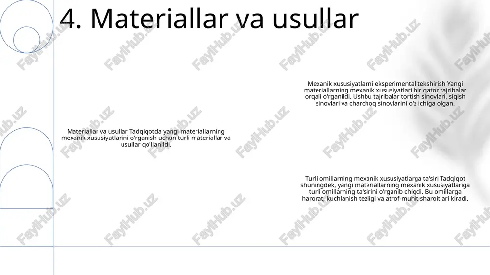 eksperimental o'lchov: bu fizik tajribalar va materiallarning mexanik xususiyatlarini o'lchash uchun sinovlarni o'tkazishni o'z ichiga oladi, masalan, cho'zilish kuchi, oqish kuchi va sinish chidamliligi. turli omillarning ta'siri: tadqiqotchilar turli omillar, masalan, kompozitsion, mikro tuzilma, ishlov berish sharoitlari va atrof-muhit sharoitlari materiallarning mexanik xususiyatlariga qanday ta'sir qilishini o'rganadilar. 13. modellashtirish va simulyatsiya 1. ilovalar: mexanik xususiyatlar tahlili aerokosmik, avtomobilsozlik yoki qurilish sanoati kabi maxsus ilovalar uchun material tanlashda yordam beradi. bu materialning yuk ko'tarish, chidamlilik va ishlash talablariga muvofiqligini aniqlashga yordam beradi. 2. kelajak istiqbollari: ilg'or xarakteristikalar texnikasi va hisoblash modellashtirish mexanik xususiyatlarni nano miqyosda va ekstremal sharoitlarda o'rganish imkoniyatlarini kengaytirmoqda. ushbu bilim talabchan ilovalar uchun moslashtirilgan xususiyatlarga ega yangi materiallarni ishlab chiqishga yordam beradi. 3. faktor ta'siri: mexanik xususiyatlarga turli omillar, jumladan, material tarkibi, ishlov berish sharoitlari, mikro tuzilma va atrof-muhit omillari ta'sir qiladi. ushbu munosabatlarni tushunish nazorat ostida ishlov berish va qotishma usullari orqali material xususiyatlarini optimallashtirish imkonini beradi. …