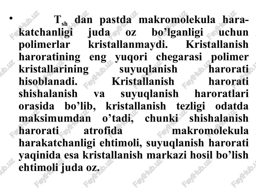 brilyar, palaxsasimon va sferalit ko’rinishida uchraydi. kristall polimerlarda, ularning qanday tuzilishidan qat’iy nazar elementar kristallografik yacheyka mavjud bo’ladi. bu yacheykada atomlar muayyan tartibda va masofada joylashgan bo’lib, ularning holati shu kristallik panjarani tashqil qilgan atomlar orasidagi masofa yoki panjaraning davriylik parametrlari a; b va c hamda ularning fazada joylashgan tekisliklar orasidagi burchaklar α; β; γ ning qiymatlari bilan xarakterlanadi. polietilenni kristallografik yacheykasida makmolekula zanjirining joylanishi va shu zanjirning fazodagi konfigurasiyasi bu yacheykada davriylik parametr-lari a-0,70; b-0,43 va c-0,25 nm ga teng bo’lib, polietilen makromolekulasi muayyan tekislikda joylashgan zigzag bir qismi bilan kristallik yacheyka hosil qilishda ishtirok etadi. polietilenning elementar yacheykasida 5 ta makro-molekula ishtirok etib, bu makro-molekulalarning 4 tasi yacheyka qoburg’asining uchlarida va bittasi shu yacheykaning o’rtasida joylashgandir kristall panjaraning tekislikdagi proeksiyasi monokristallar elektron mikrofotografiyalari: 1) poliakril kislotaning globullari (250000 marta kattalashtirilgan); 2) uning 0,0001%li eritmadagi molekulalari (50000 marta kattalashtirilgan) makromolekula zanjirining polimerning fibrilyar tuzilishi polimer kristallaridagi joylashish holati mikrofibrill …