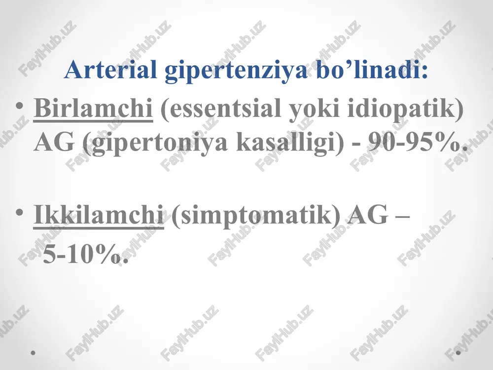 ilishlari; yurak: yurak urib ketishi, ko’krak qafasidagi og’riqlar, hansirash; buyrak: tashnalik, poliuriya, nikturiya, gematuriya; periferik tomirlar: oyoq-qo’l muzlashi, o’tib ketuvchi oqsoqlik. arterial gipertenziyaga chalingan bemorlarda xavf stratifikasiyasi ularning keyingi olib borish tamoyilini belgilab beradi boshqa xavf omillari, nishon a`zolarining zararlanishi yoki assosiasiyalangan kasalliklar qb mm sim. ust. yuqoti normal sistolik qb 130-139 yoki diasto-lik qb 85-89 1 darajali ag 140=159/90-99 2 darajali ag 160-179/100-109 3 darajali ag >160/110 omillar yo’q xavf past xavf o’rtacha xavf yuqori 1-2 ta xavf omili xavf past xavf o’rtacha xavf o’rtacha /yuqori xavf yuqori 3 va undan ko’proq xavf omili xavf past /o’rtacha xavf o’rtacha /yuqori xavf yuqori xavf yuqori nishon a`zolarining zararlanishi, 3 darajali surunkali buyrak kasalligi yoki diabet xavf o’rtacha /yuqori xavf yuqori xavf yuqori xavf yuqori va o’ta yuqori klinik manifest yurak-qon tomir kasalliklari, 4 yoki undan yuqori darajali surunkali buyrak kasalligi yoki nishon a`zolarining zararlanishi yoki xavf omillari bilan kechuvchi diabet …
